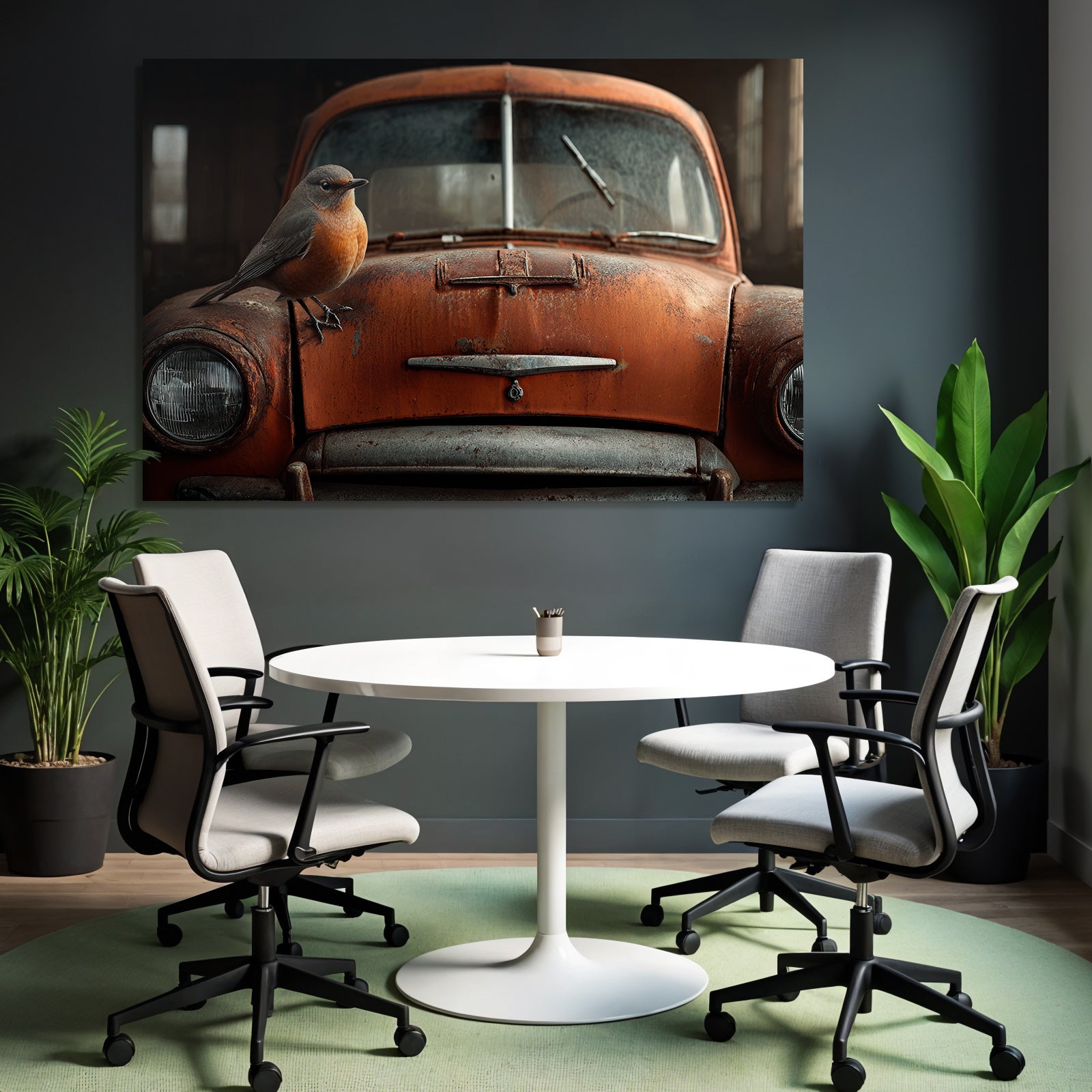 Alte Rustige Orange Auto Mit Vogel Auf Der Motorhaube