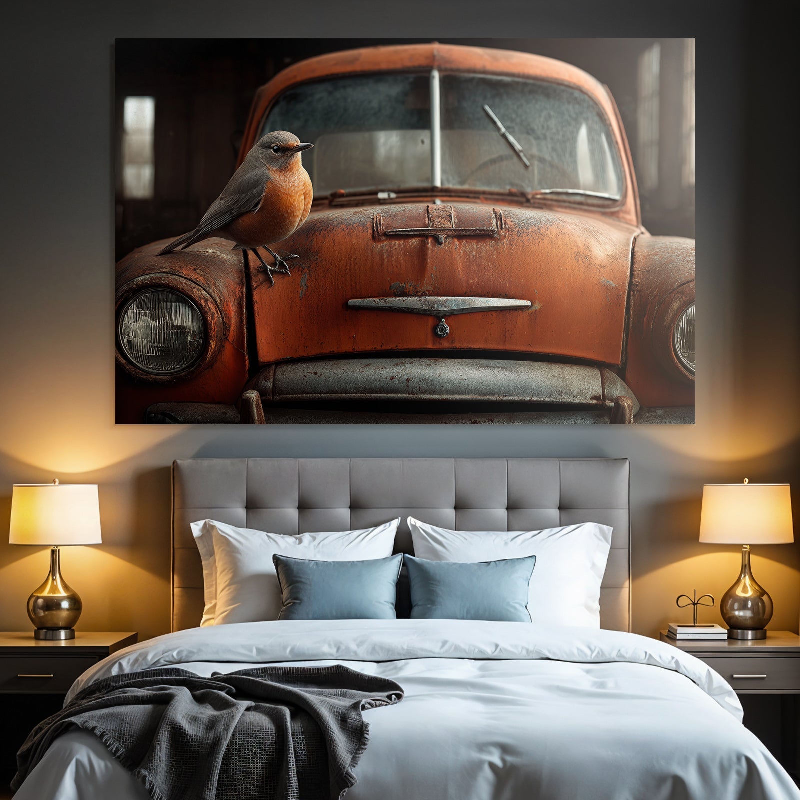 Alte Rustige Orange Auto Mit Vogel Auf Der Motorhaube