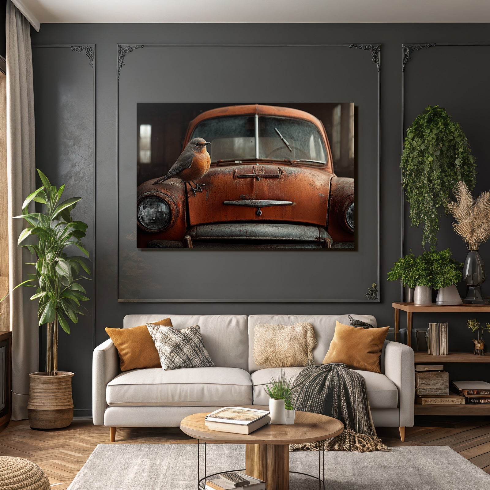 Alte Rustige Orange Auto Mit Vogel Auf Der Motorhaube