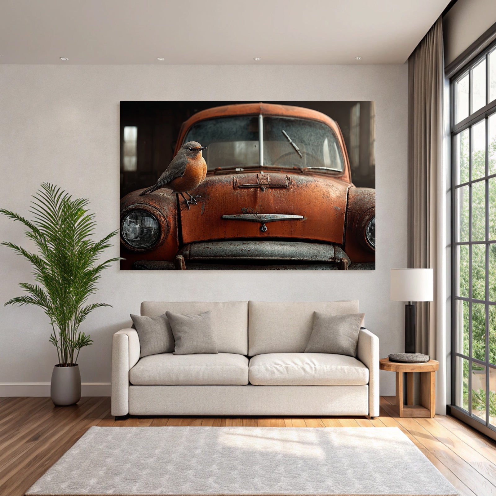 Alte Rustige Orange Auto Mit Vogel Auf Der Motorhaube