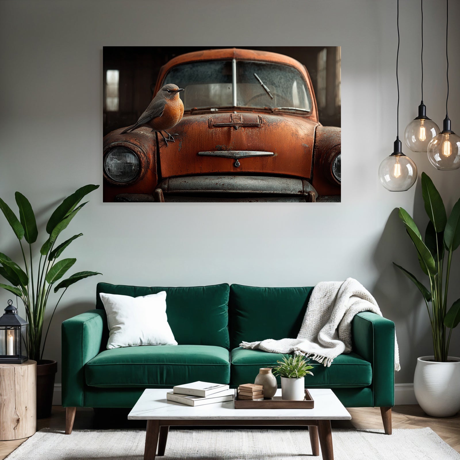 Alte Rustige Orange Auto Mit Vogel Auf Der Motorhaube