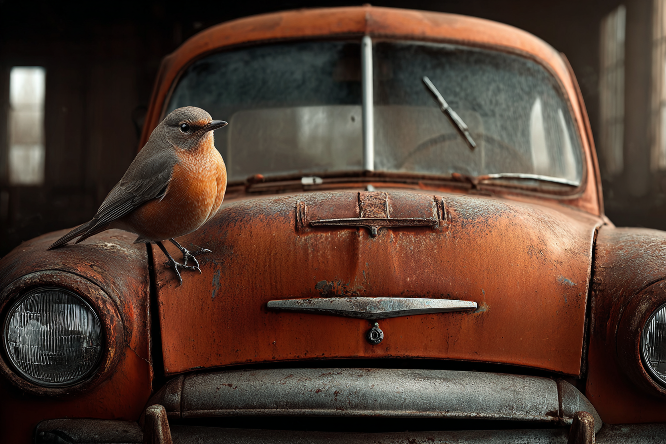 Alte Rustige Orange Auto Mit Vogel Auf Der Motorhaube | Voegel | Tiere