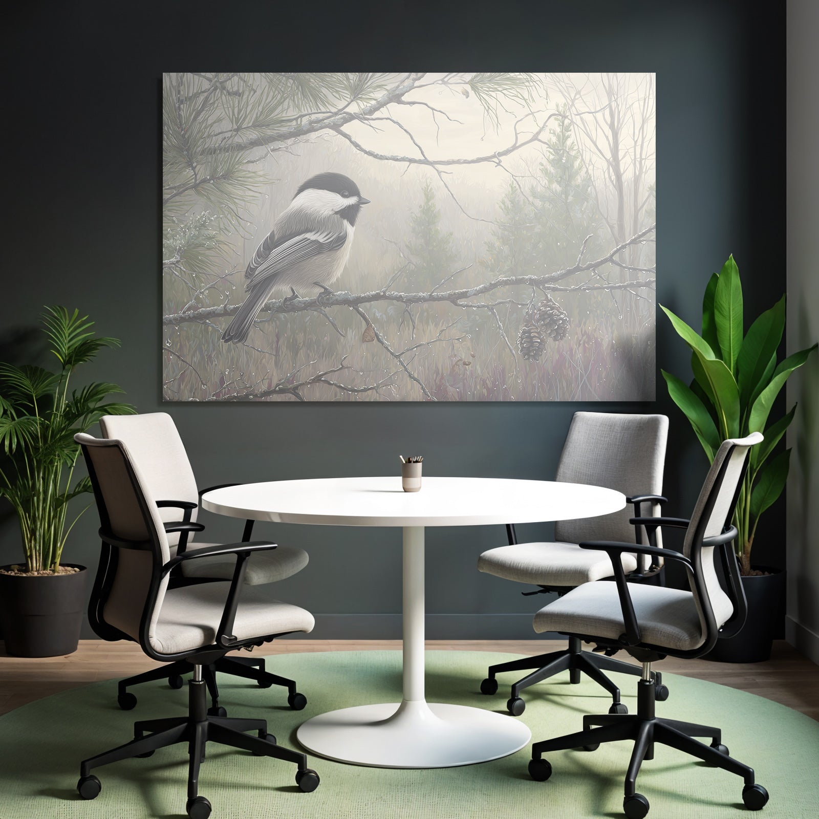 Chickadee Auf Einem Ast Im Nebligen Landschafts Hintergrund