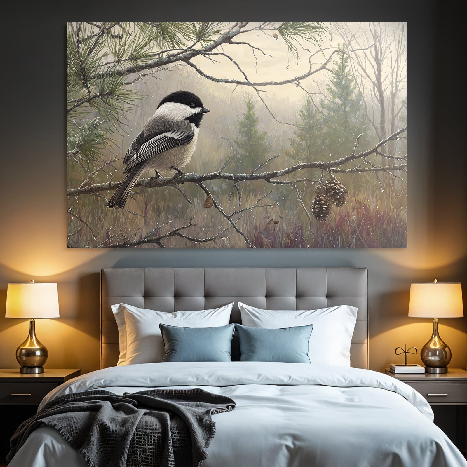 Chickadee Auf Einem Ast Im Nebligen Landschafts Hintergrund