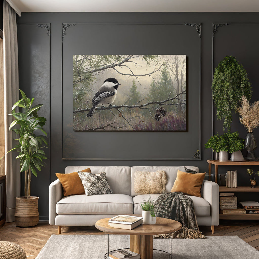 Chickadee Auf Einem Ast Im Nebligen Landschafts Hintergrund