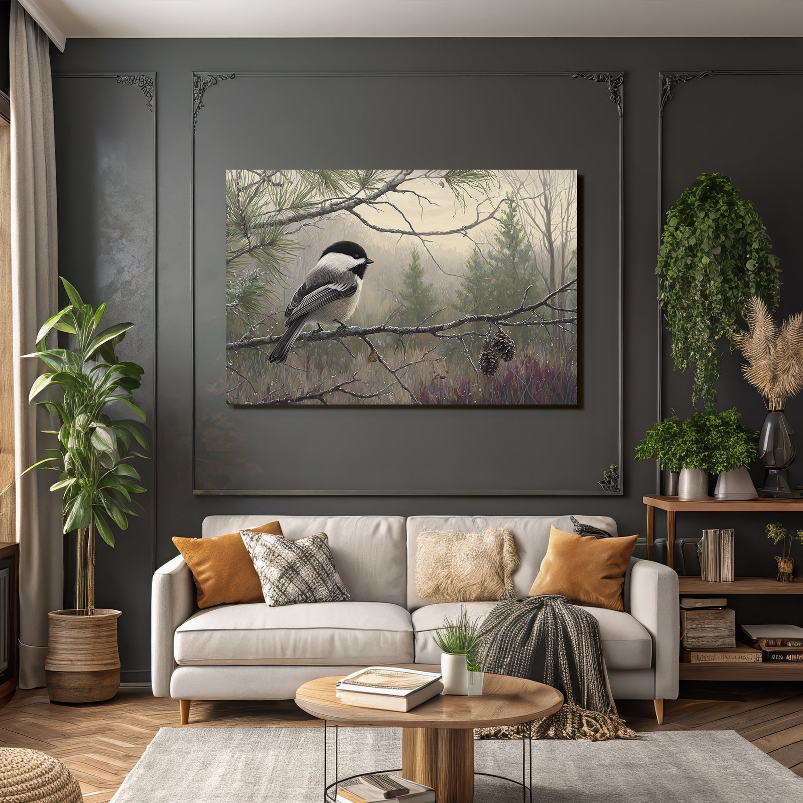 Chickadee Auf Einem Ast Im Nebligen Landschafts Hintergrund