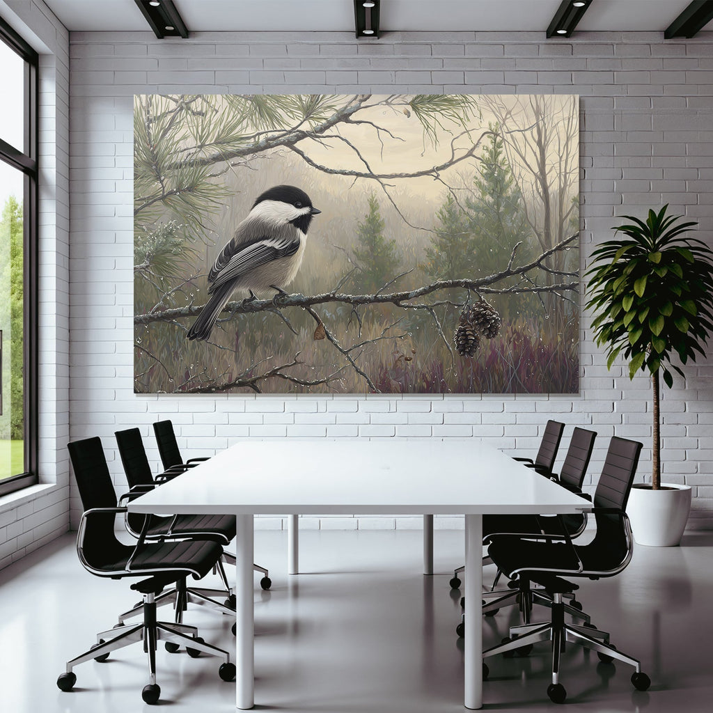 Chickadee Auf Einem Ast Im Nebligen Landschafts Hintergrund