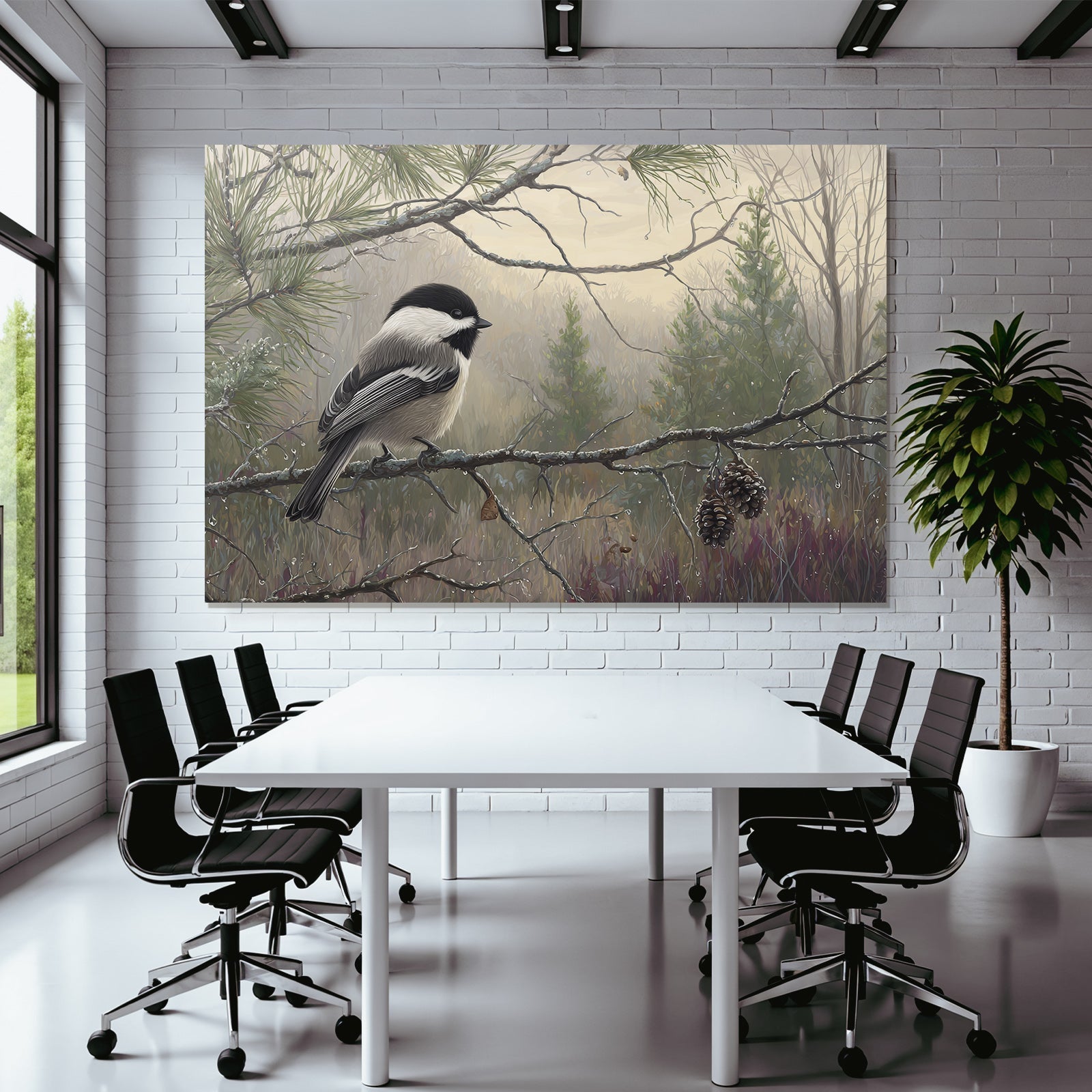 Chickadee Auf Einem Ast Im Nebligen Landschafts Hintergrund