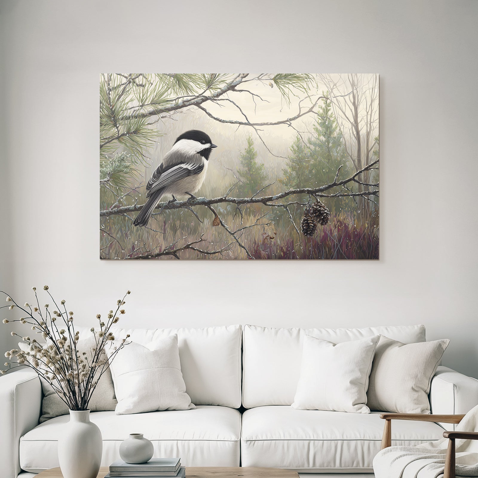 Chickadee Auf Einem Ast Im Nebligen Landschafts Hintergrund