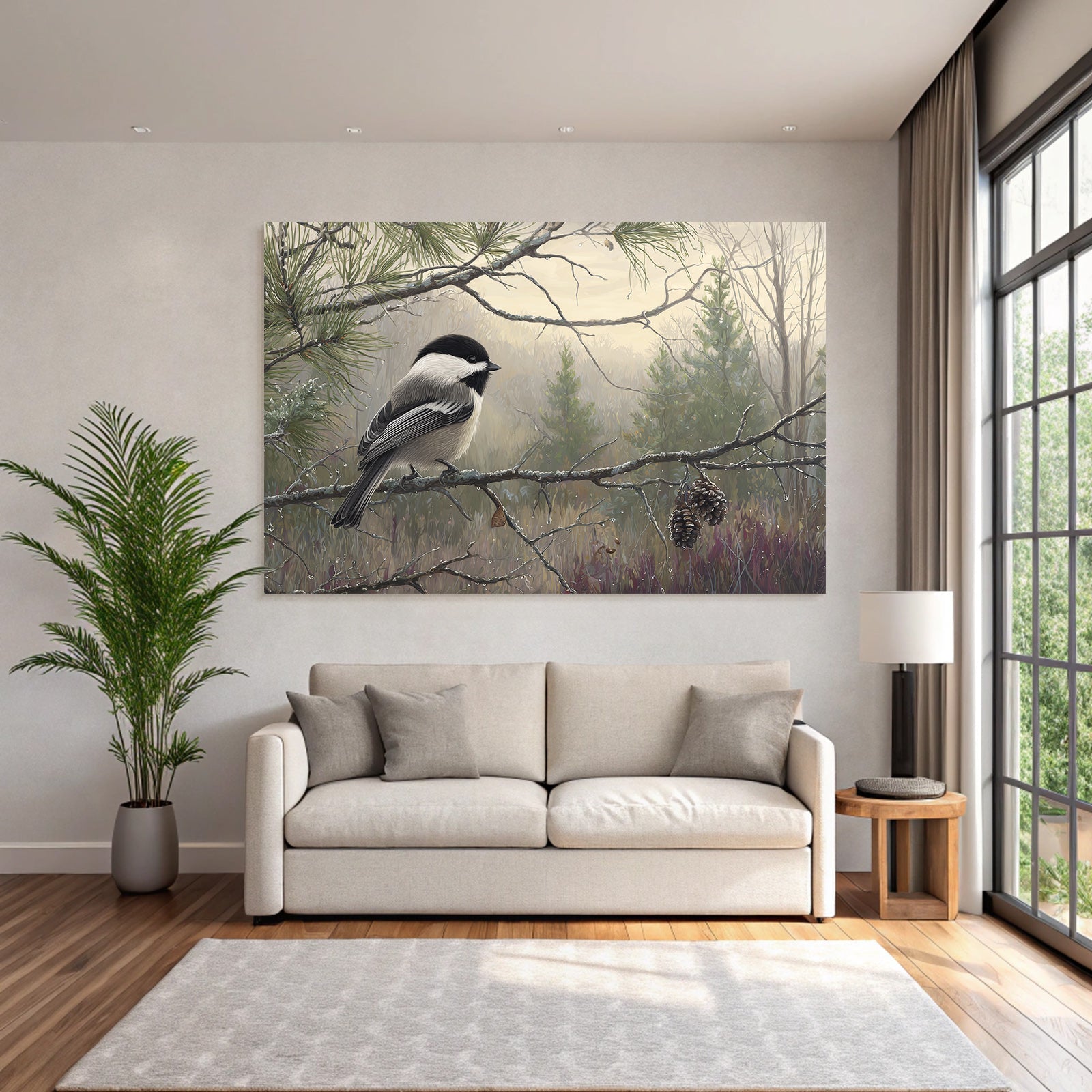 Chickadee Auf Einem Ast Im Nebligen Landschafts Hintergrund