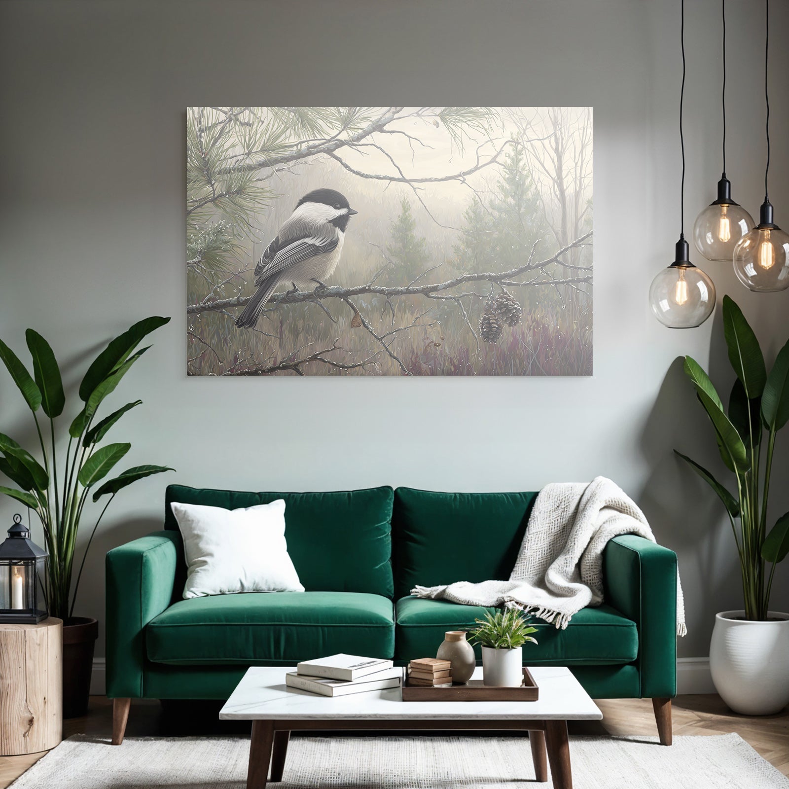 Chickadee Auf Einem Ast Im Nebligen Landschafts Hintergrund