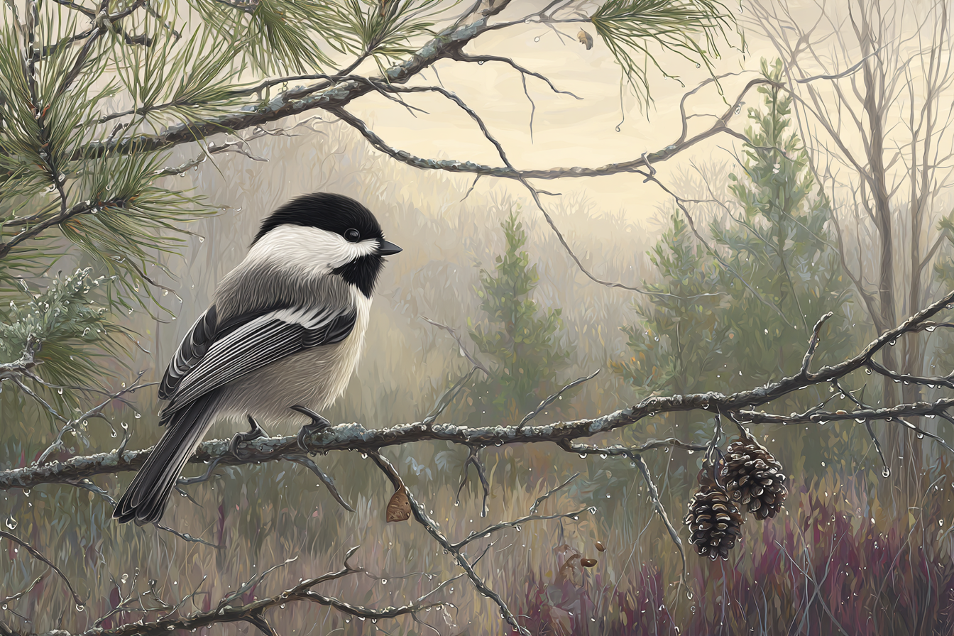 Chickadee Auf Einem Ast Im Nebligen Landschafts Hintergrund | Voegel | Tiere