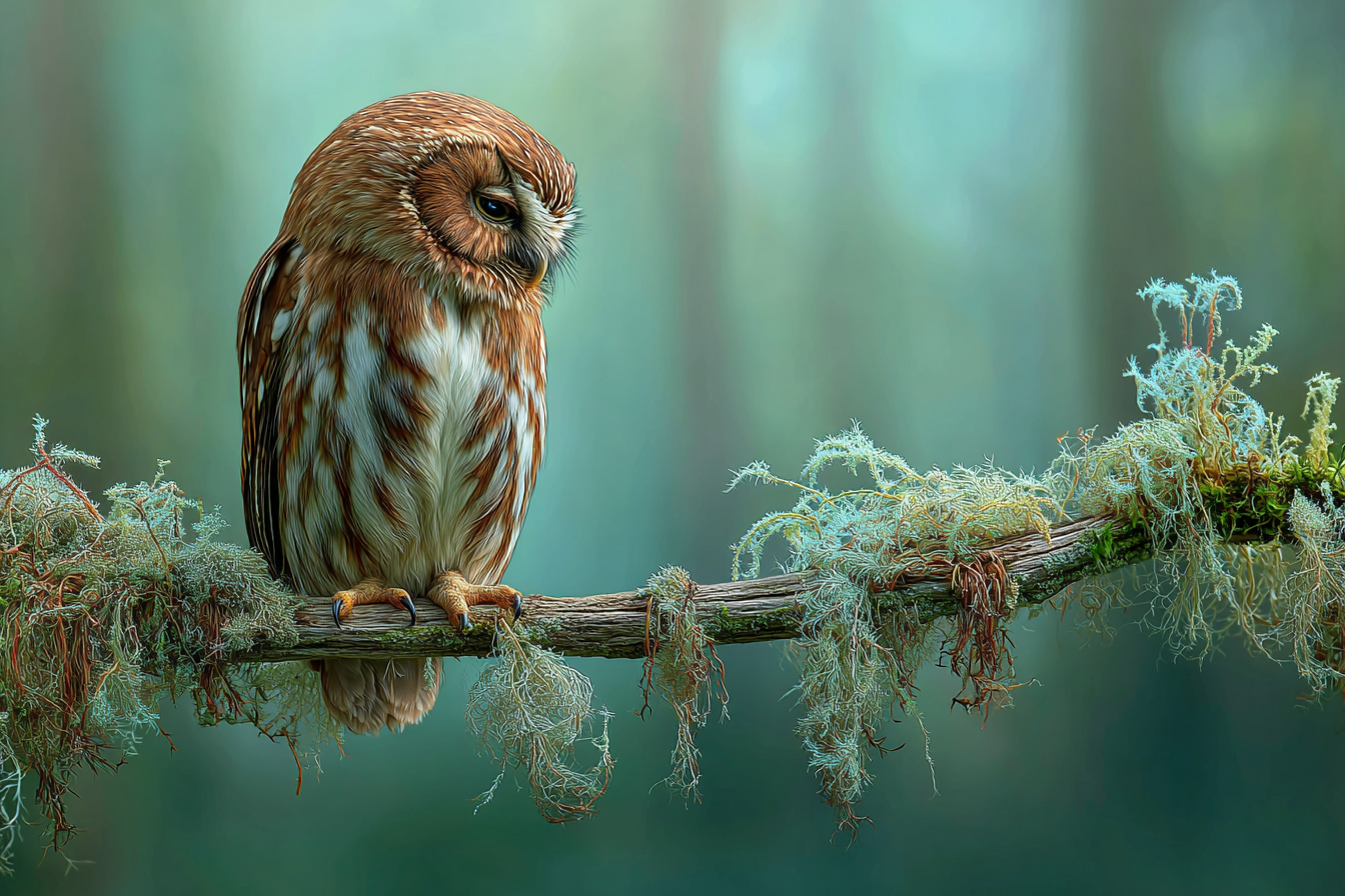 Eule Im Wald Mit Moosbedecktem Ast Braun Und Weiss Federkleid | Voegel | Tiere