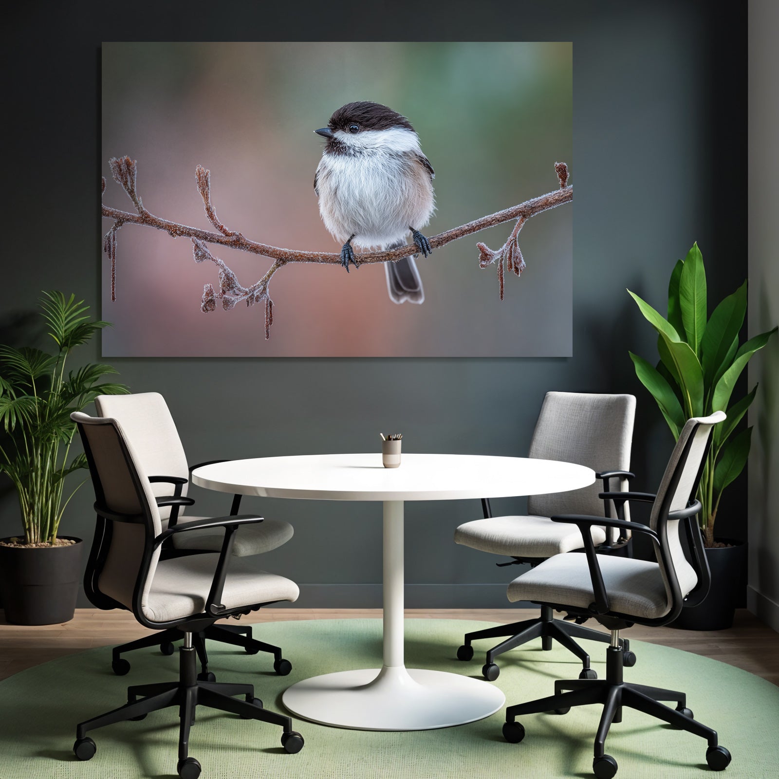 Frostbedeckter Zweig Mit Vogel Im Winterlichteinstellung