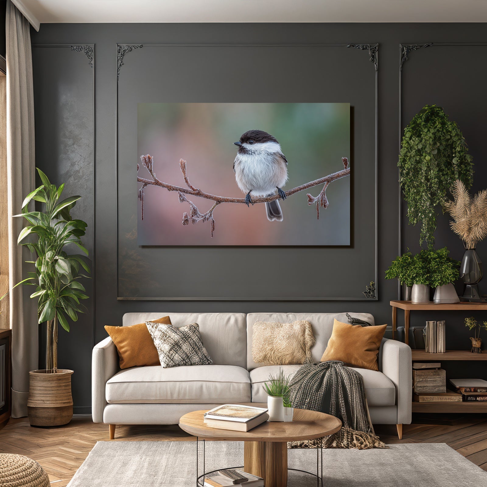 Frostbedeckter Zweig Mit Vogel Im Winterlichteinstellung
