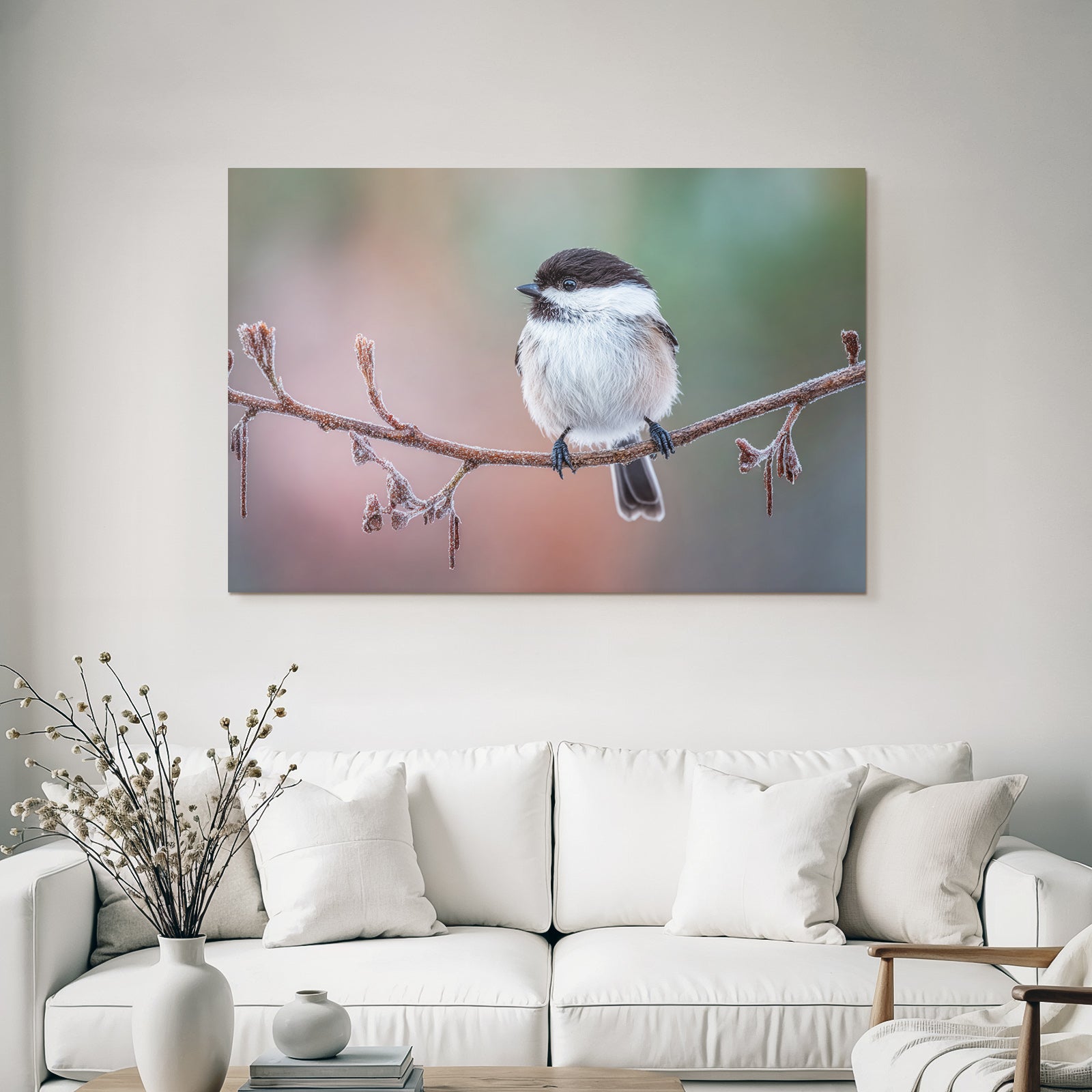 Frostbedeckter Zweig Mit Vogel Im Winterlichteinstellung