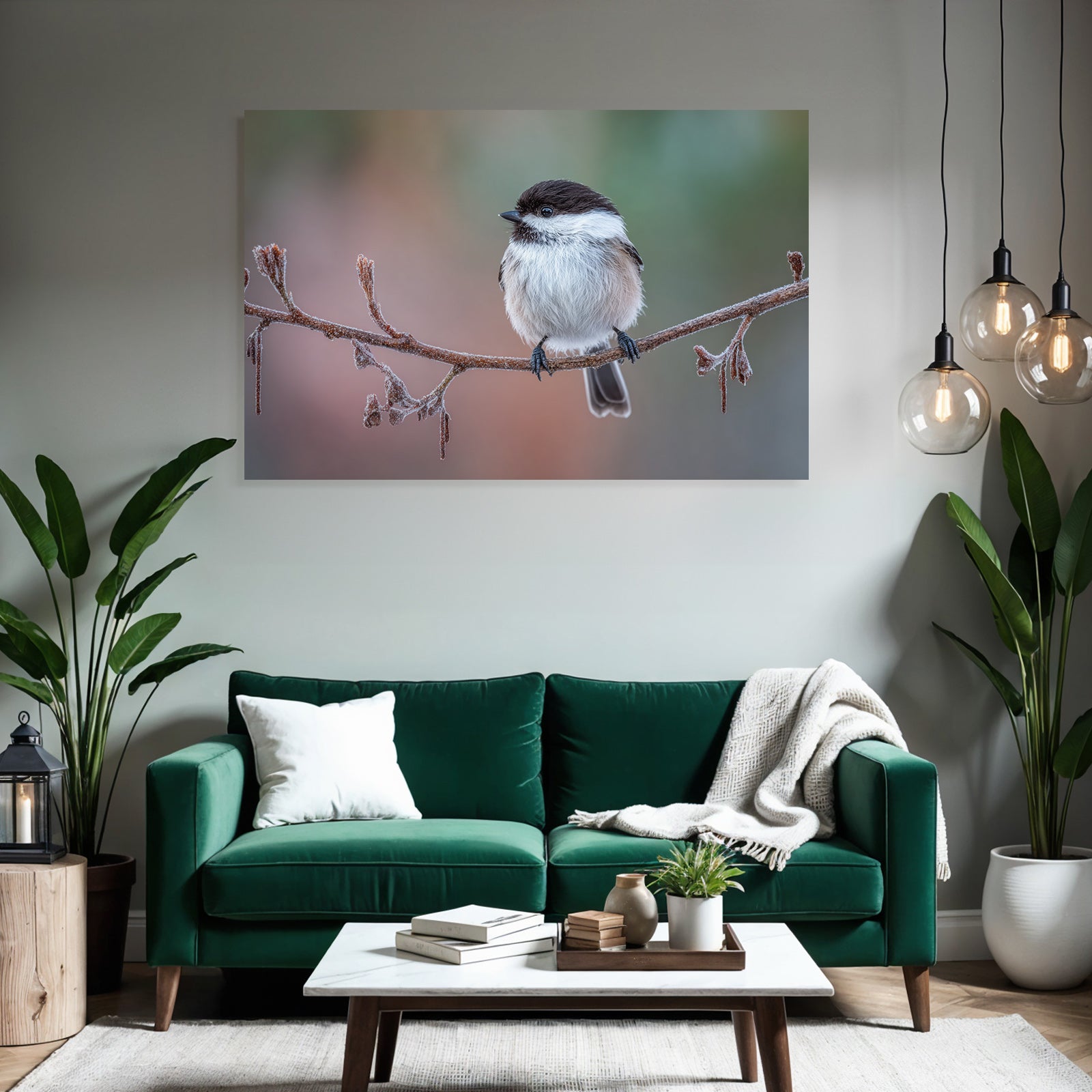 Frostbedeckter Zweig Mit Vogel Im Winterlichteinstellung
