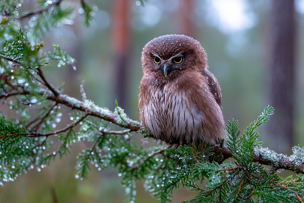 Kauz Auf Einem Ast Umgeben Von Wassertropfen Im Wald Nach Regen | Voegel | Tiere