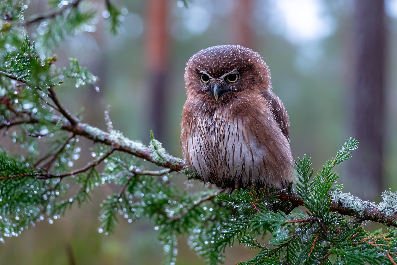 Kauz Auf Einem Ast Umgeben Von Wassertropfen Im Wald Nach Regen | Voegel | Tiere