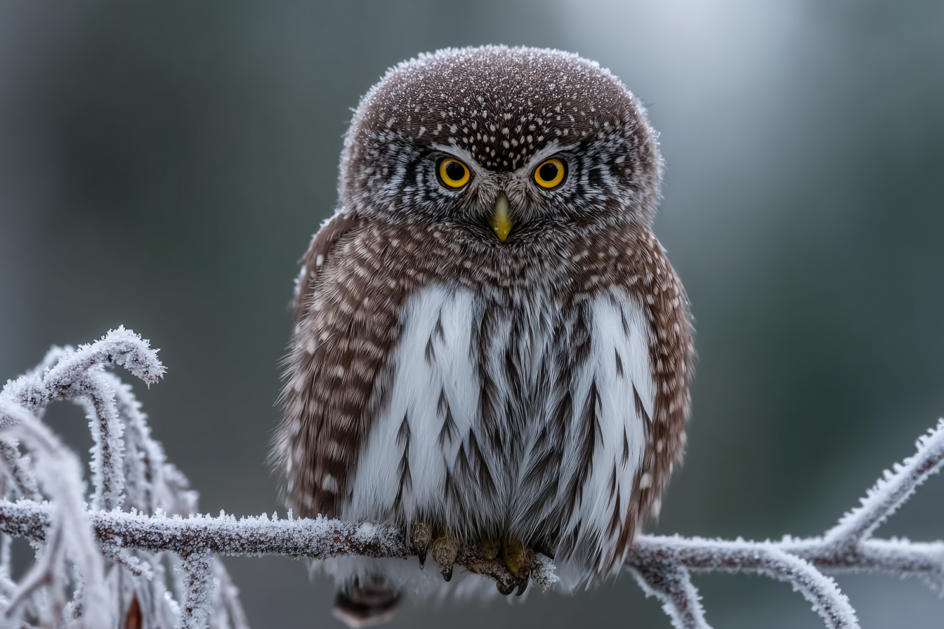 Kleine Eule Auf Einem Frostigen Zweig | Voegel | Tiere
