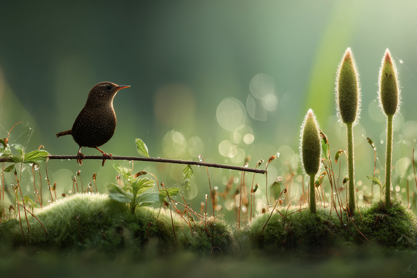 Kleiner Vogel Auf Ast Umgeben Von Moos Und Tropfen Auf Pflanzen | Voegel | Tiere
