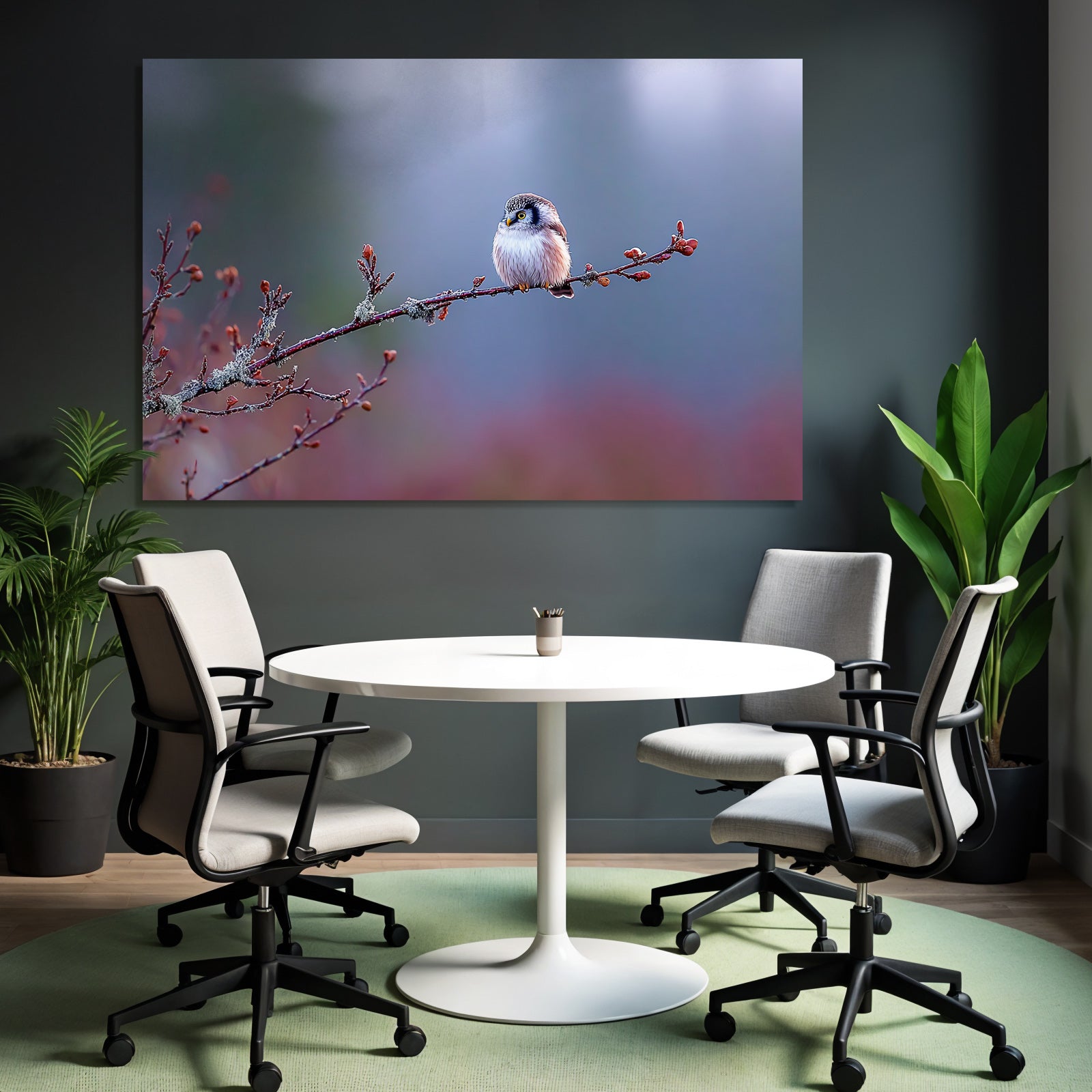 Kleiner Vogel Auf Einem Zweig In Der Natur Mit Lichenen Und Knospen