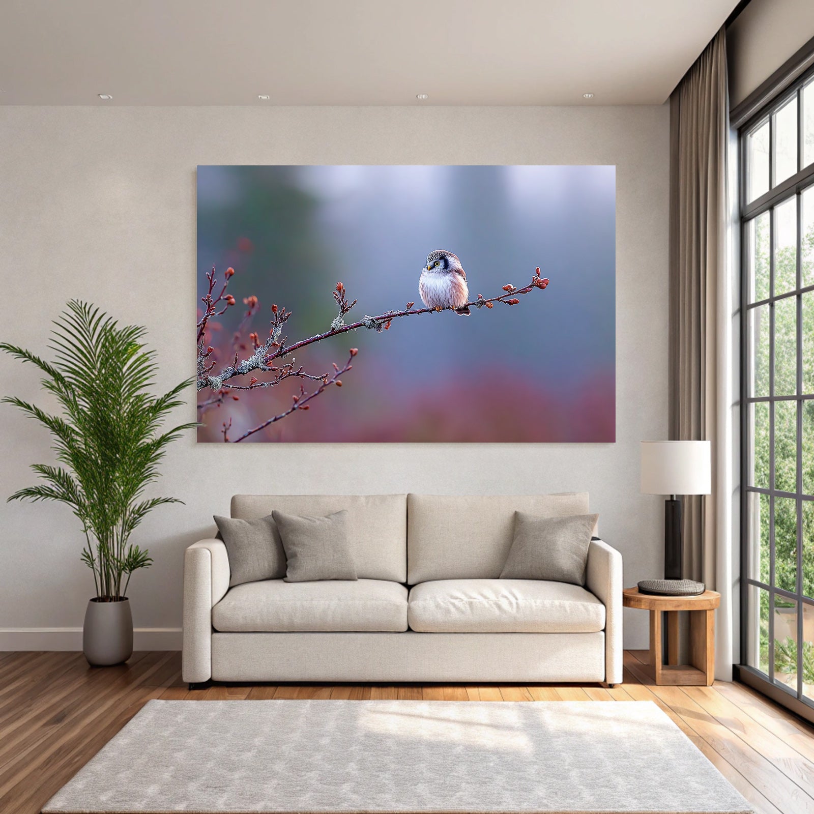 Kleiner Vogel Auf Einem Zweig In Der Natur Mit Lichenen Und Knospen
