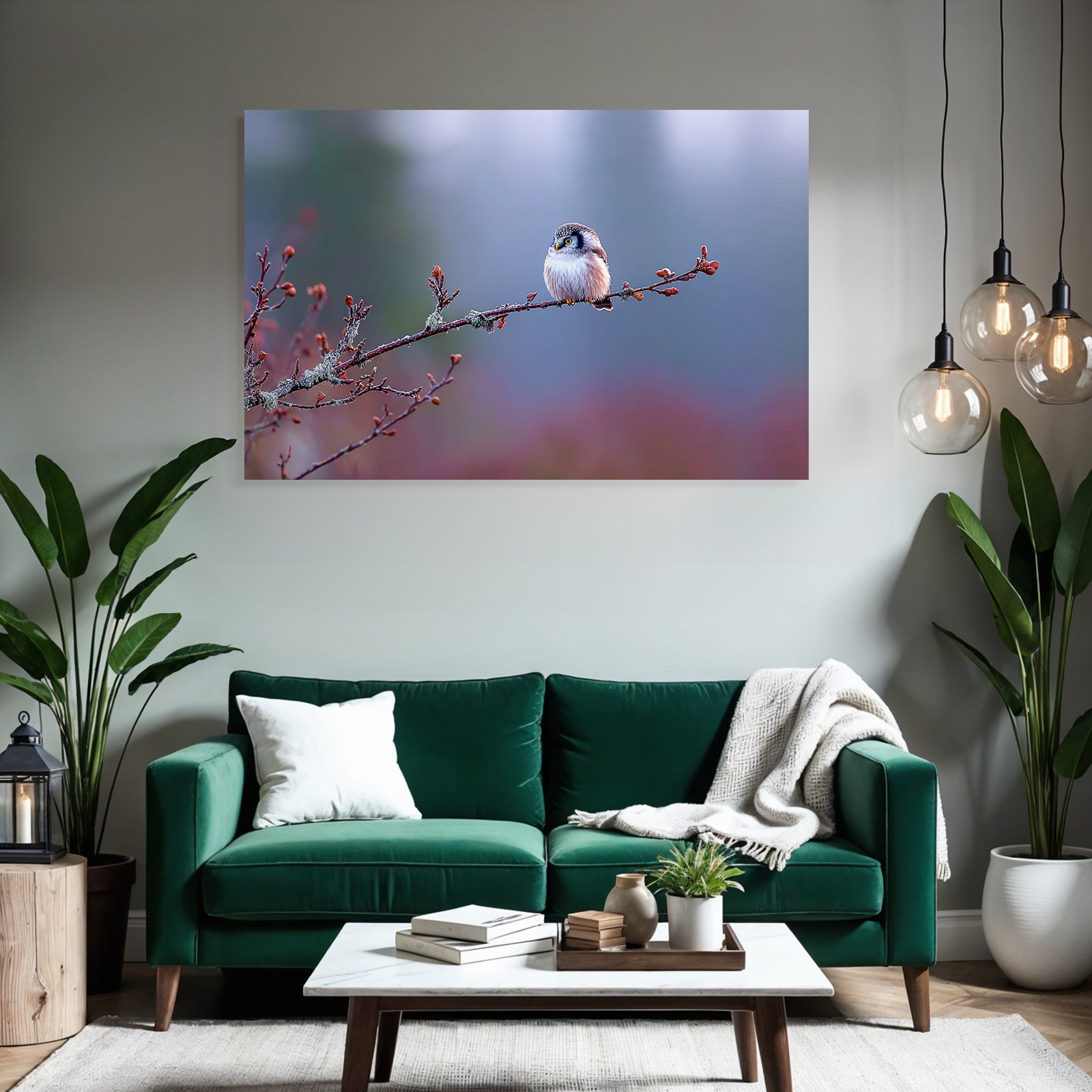 Kleiner Vogel Auf Einem Zweig In Der Natur Mit Lichenen Und Knospen