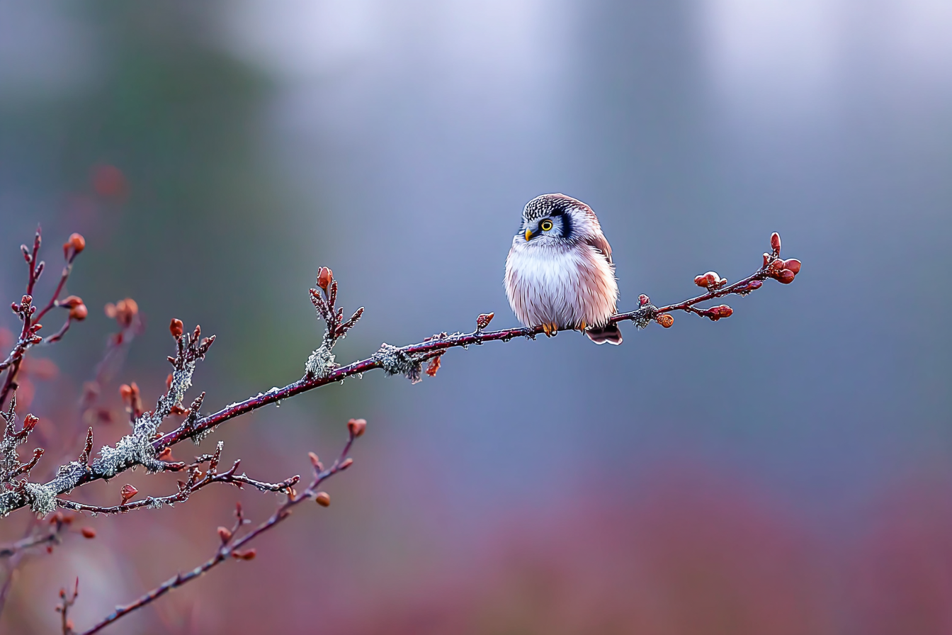 Kleiner Vogel Auf Einem Zweig In Der Natur Mit Lichenen Und Knospen | Voegel | Tiere