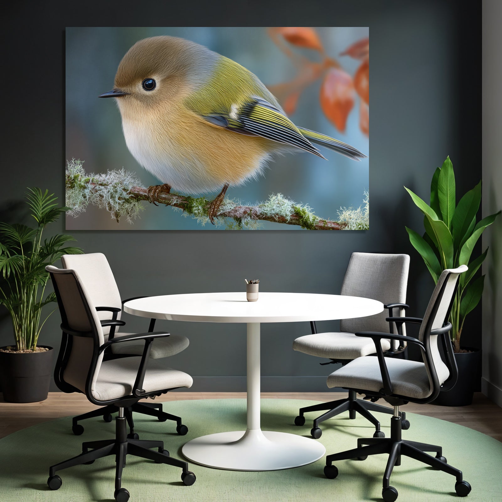 Kleiner Vogel Auf Einem Zweig Mit Flauschigen Federn In Braun Gelb Und Grün