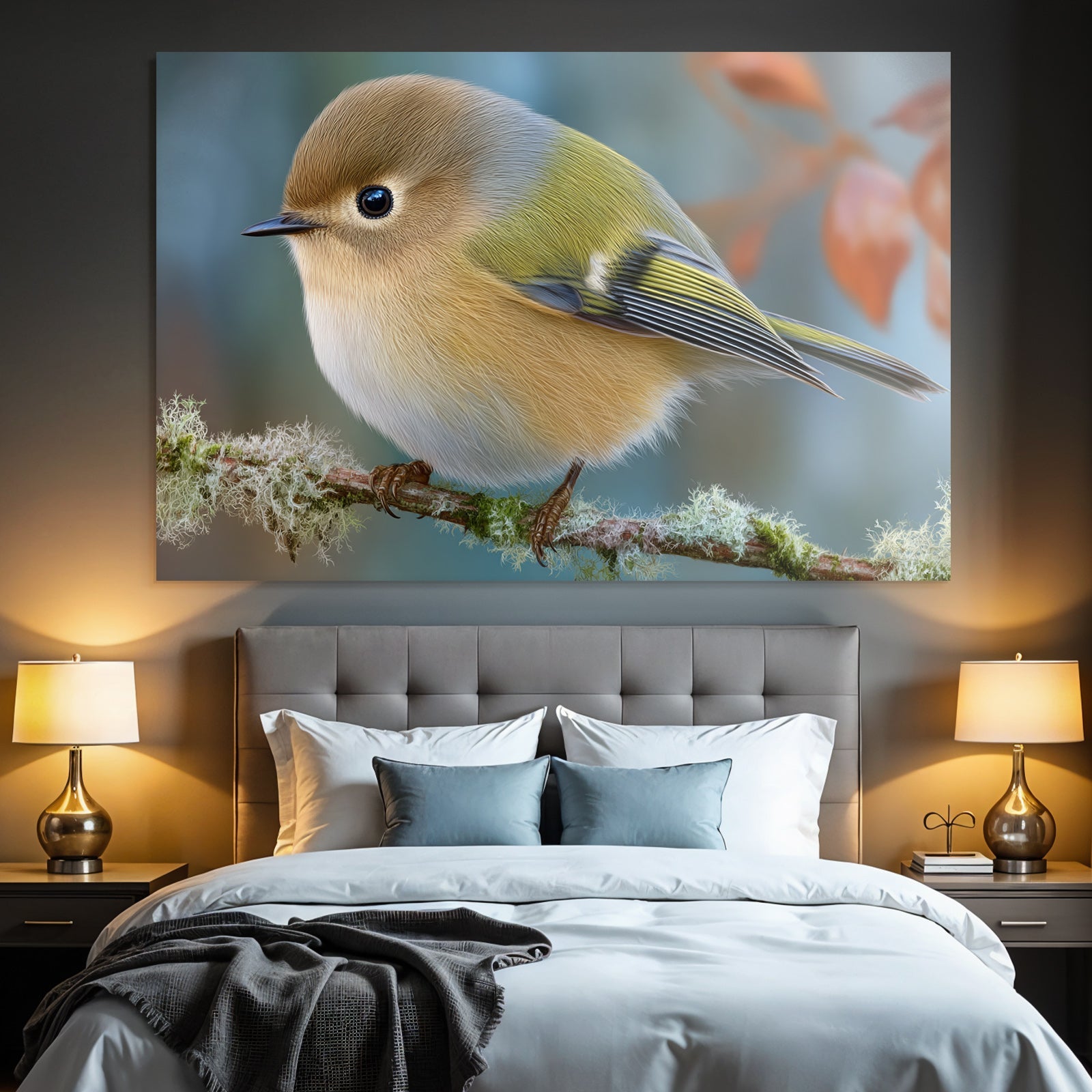 Kleiner Vogel Auf Einem Zweig Mit Flauschigen Federn In Braun Gelb Und Grün