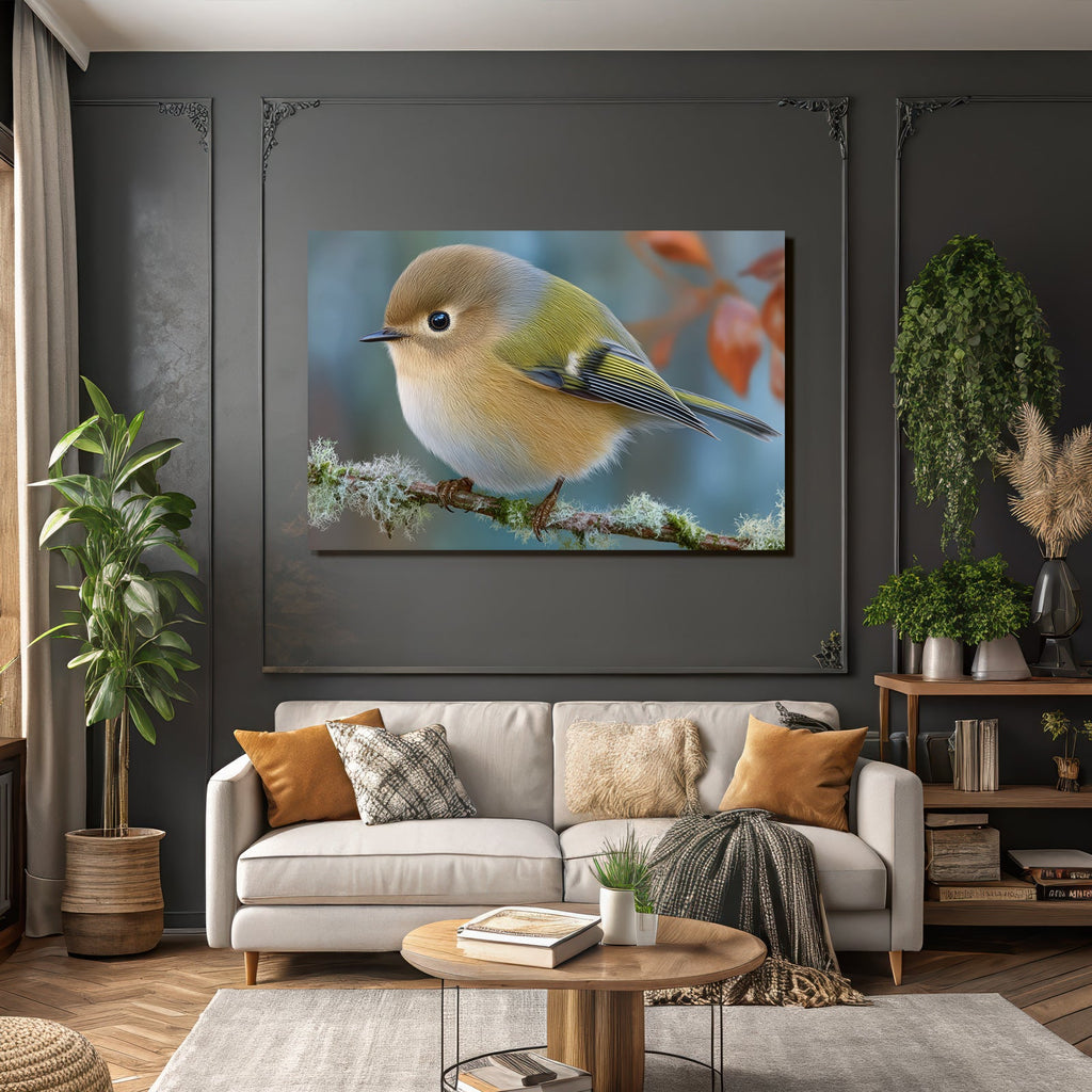 Kleiner Vogel Auf Einem Zweig Mit Flauschigen Federn In Braun Gelb Und Grün