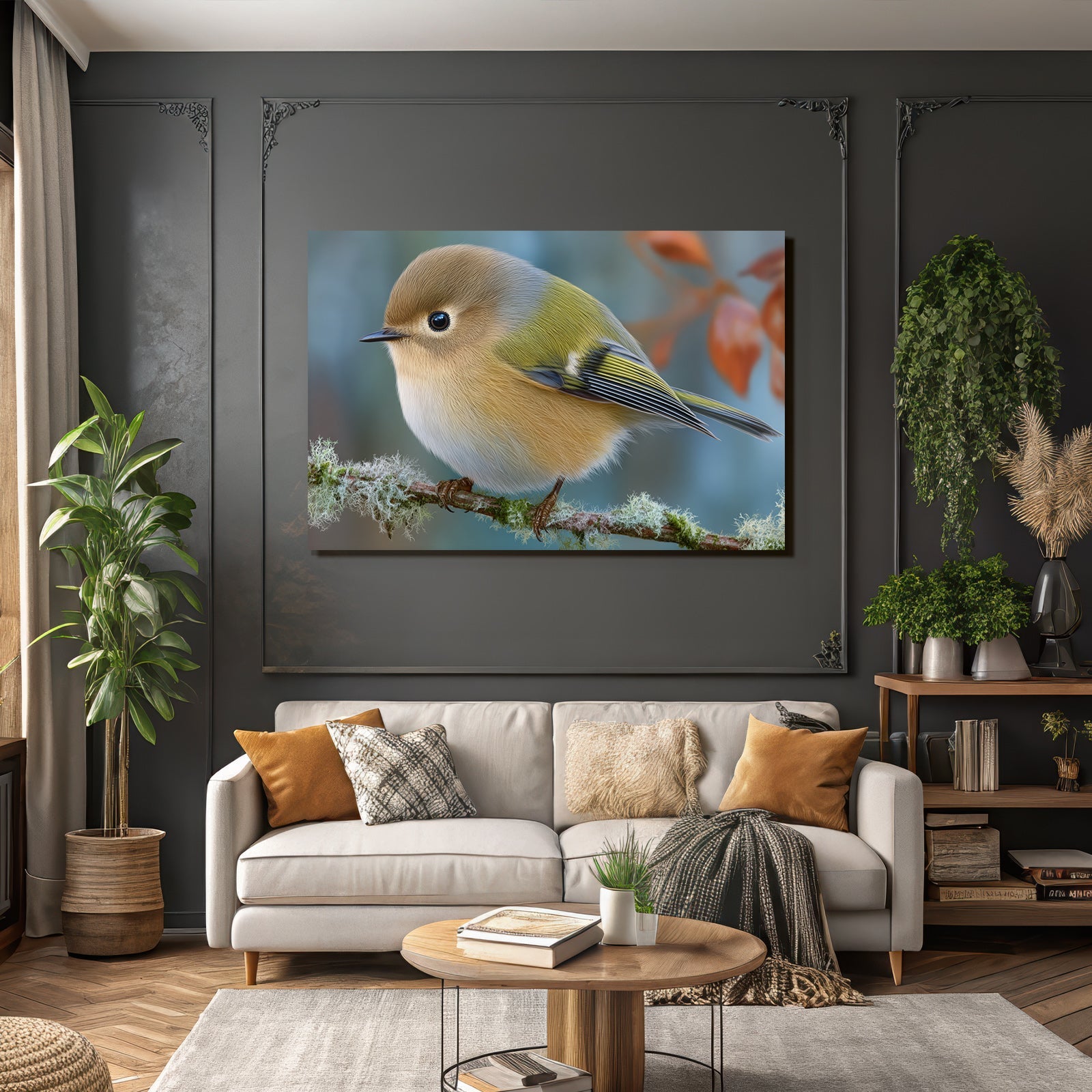 Kleiner Vogel Auf Einem Zweig Mit Flauschigen Federn In Braun Gelb Und Grün