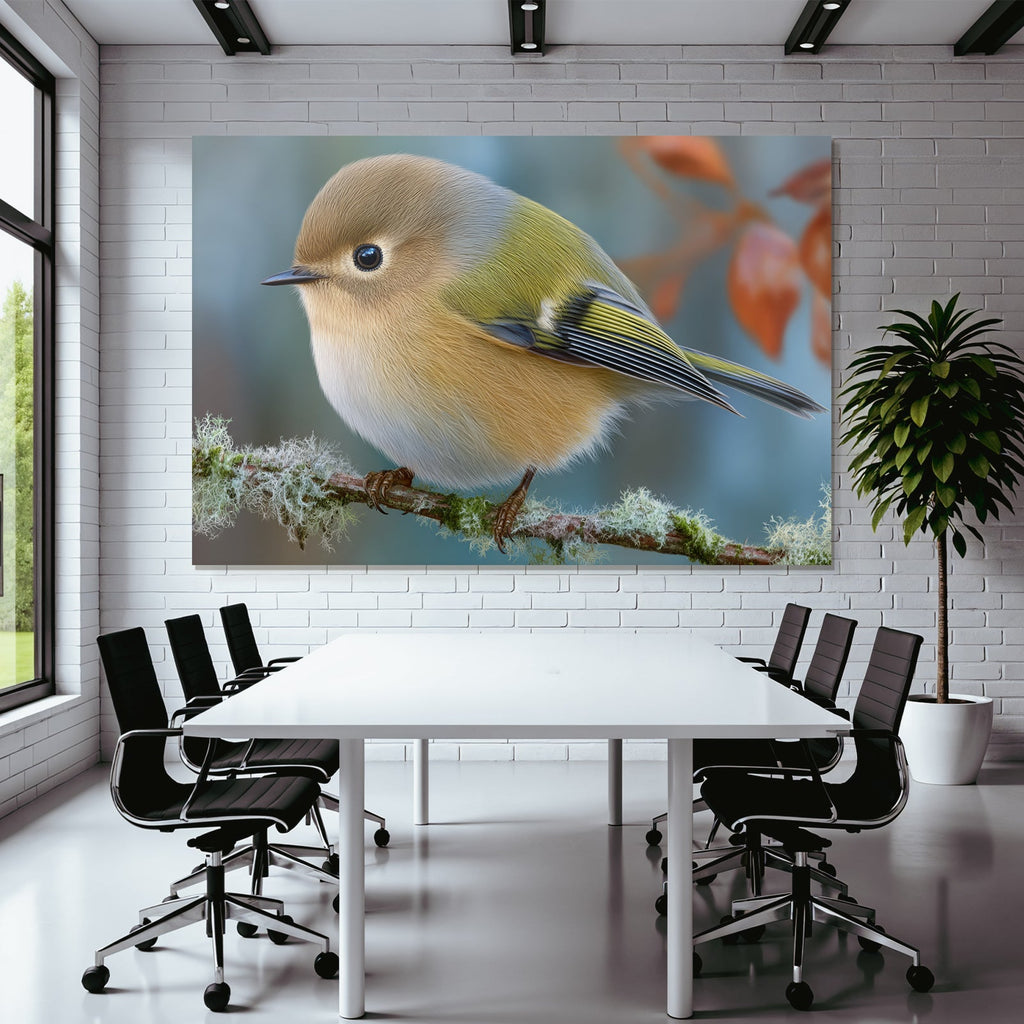 Kleiner Vogel Auf Einem Zweig Mit Flauschigen Federn In Braun Gelb Und Grün