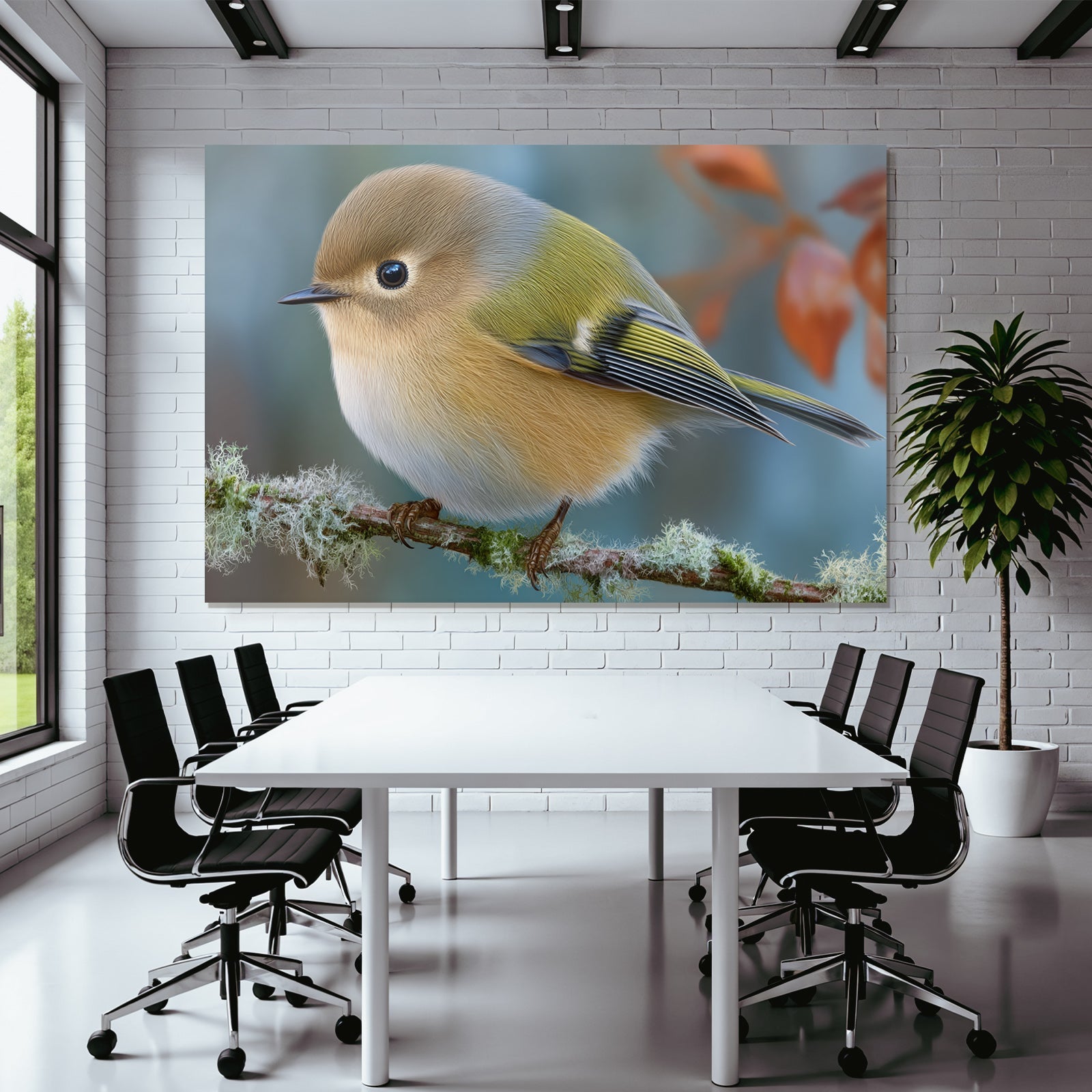 Kleiner Vogel Auf Einem Zweig Mit Flauschigen Federn In Braun Gelb Und Grün