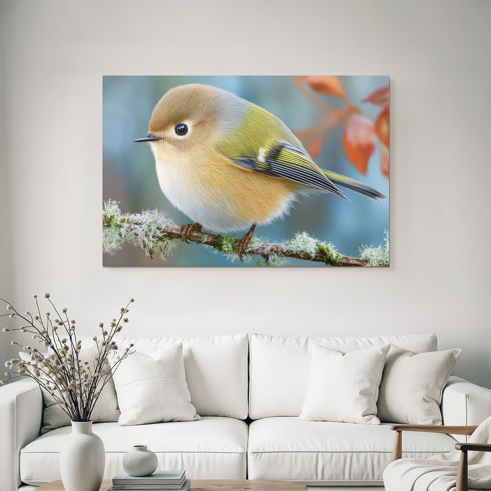 Kleiner Vogel Auf Einem Zweig Mit Flauschigen Federn In Braun Gelb Und Grün
