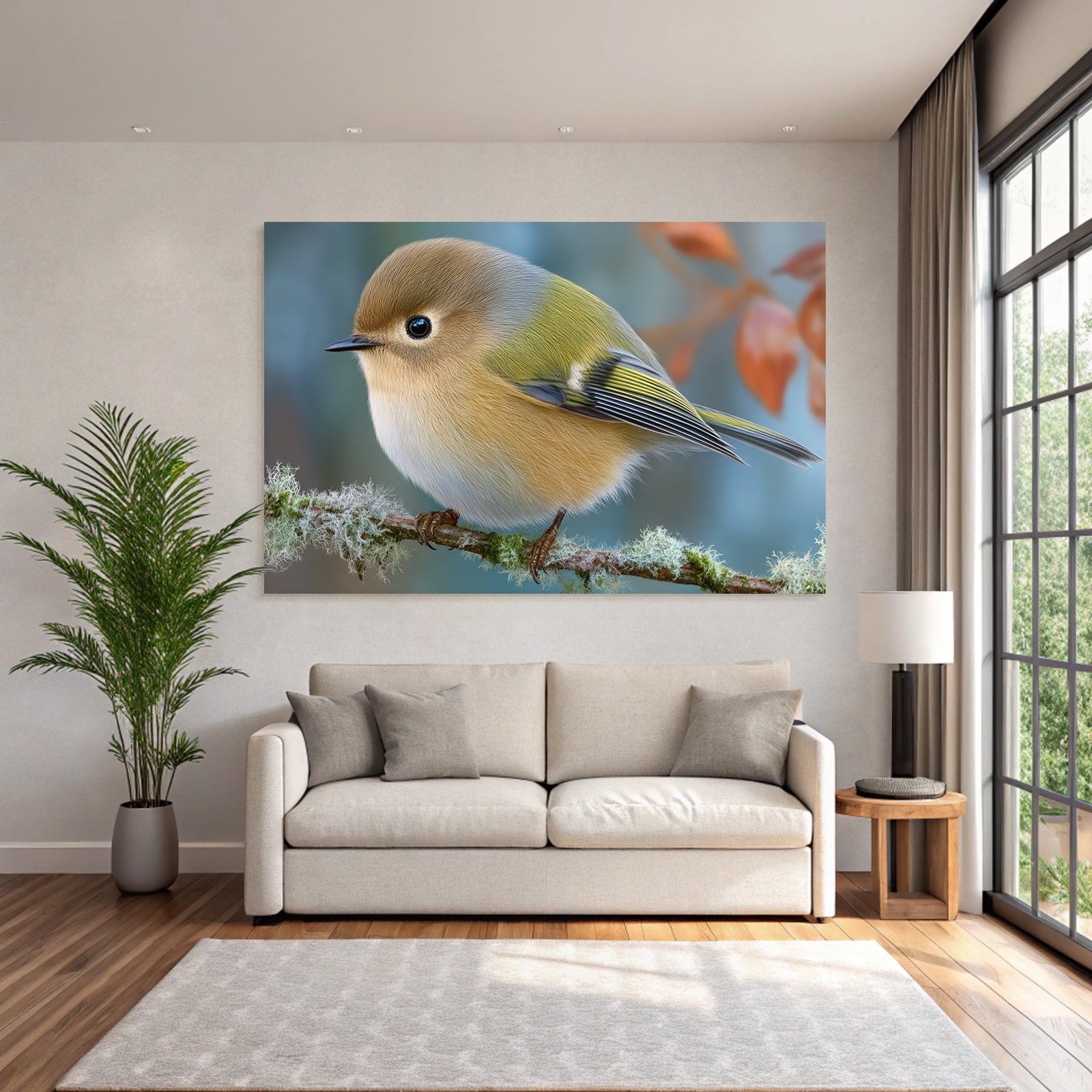 Kleiner Vogel Auf Einem Zweig Mit Flauschigen Federn In Braun Gelb Und Grün
