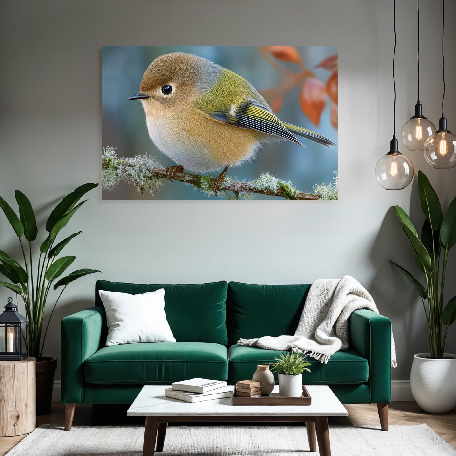 Kleiner Vogel Auf Einem Zweig Mit Flauschigen Federn In Braun Gelb Und Grün