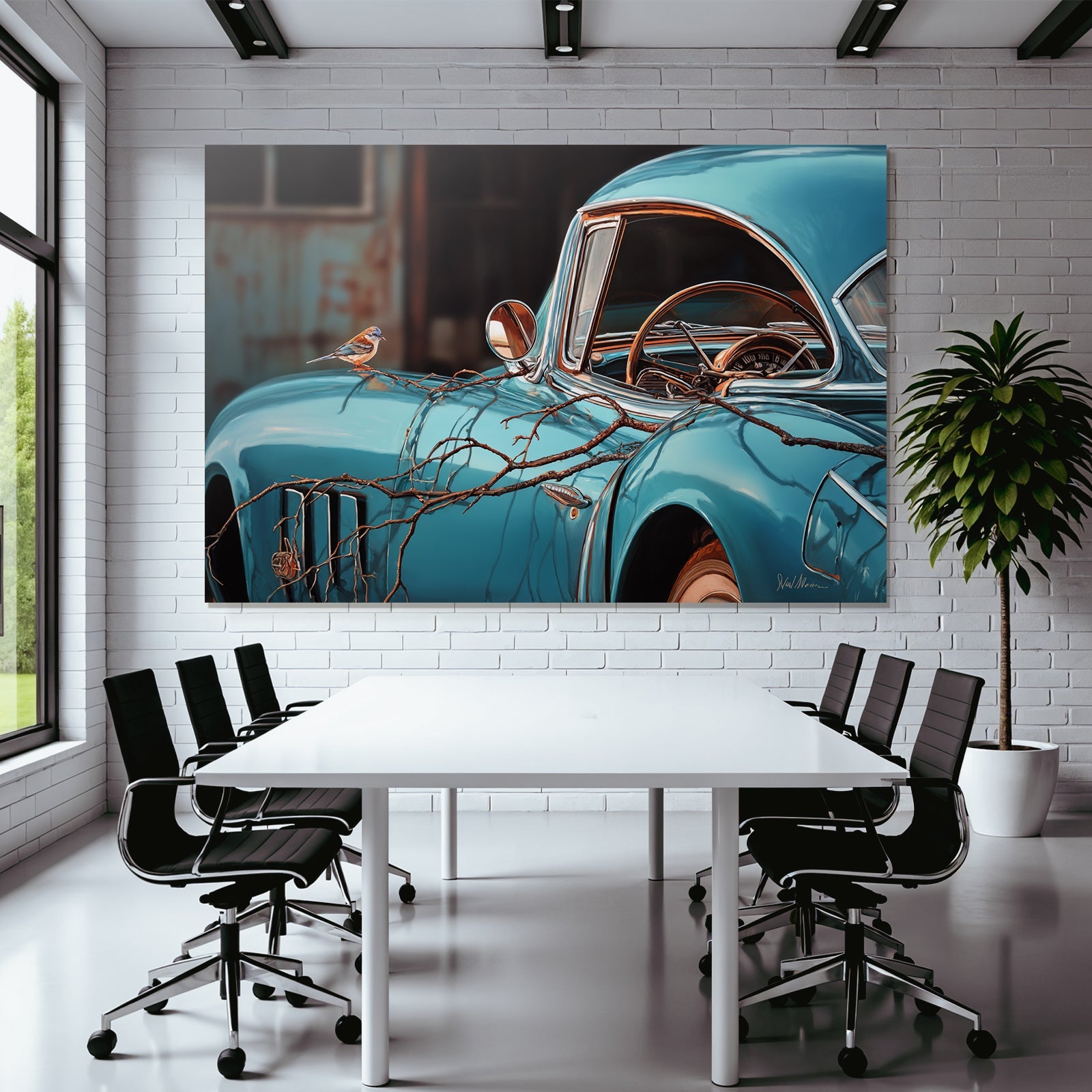 Vintage Blaür Auto Mit Vogel Nostalgie Und Vergangene Zeit