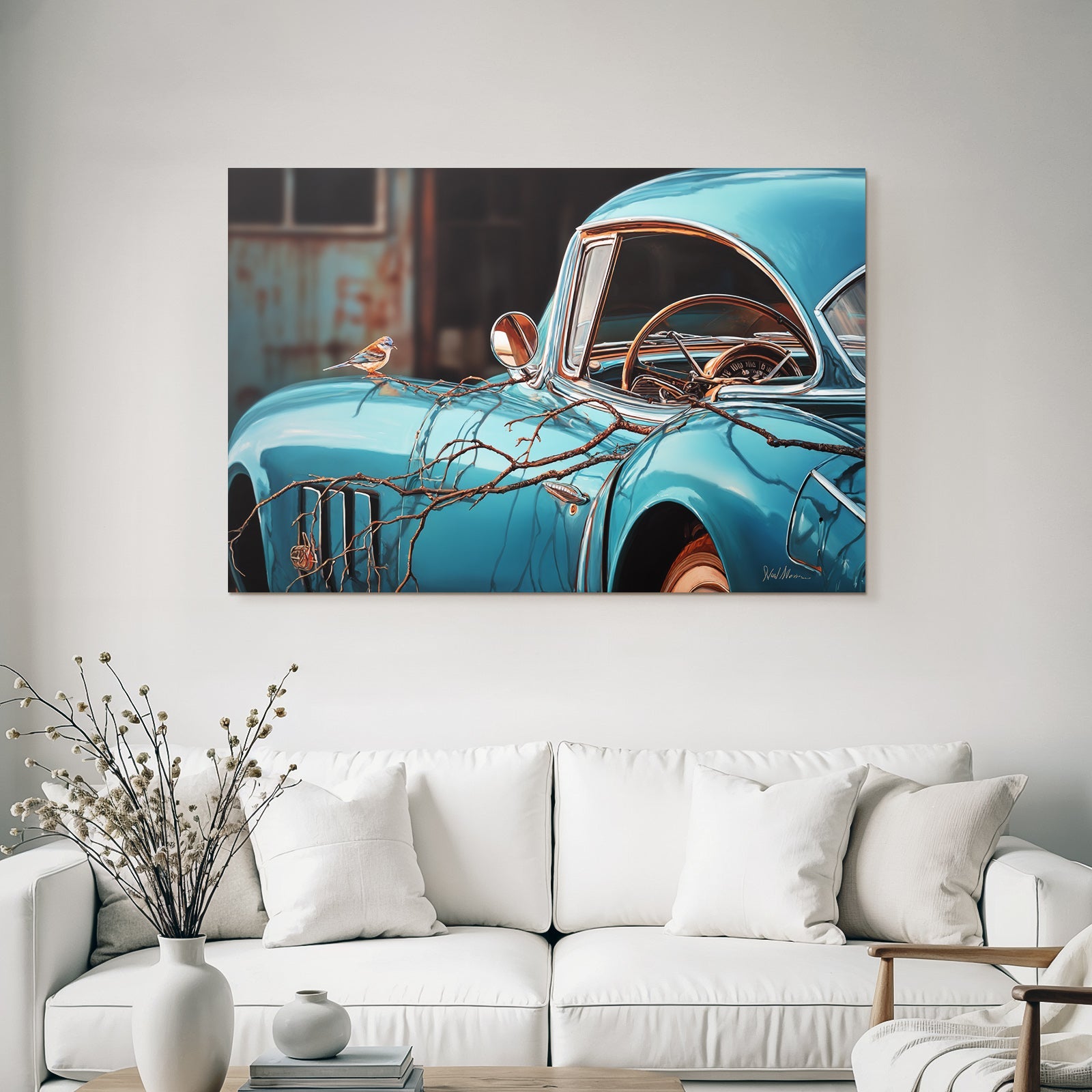 Vintage Blaür Auto Mit Vogel Nostalgie Und Vergangene Zeit