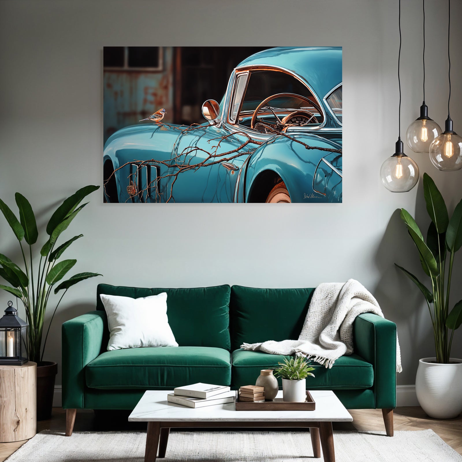Vintage Blaür Auto Mit Vogel Nostalgie Und Vergangene Zeit