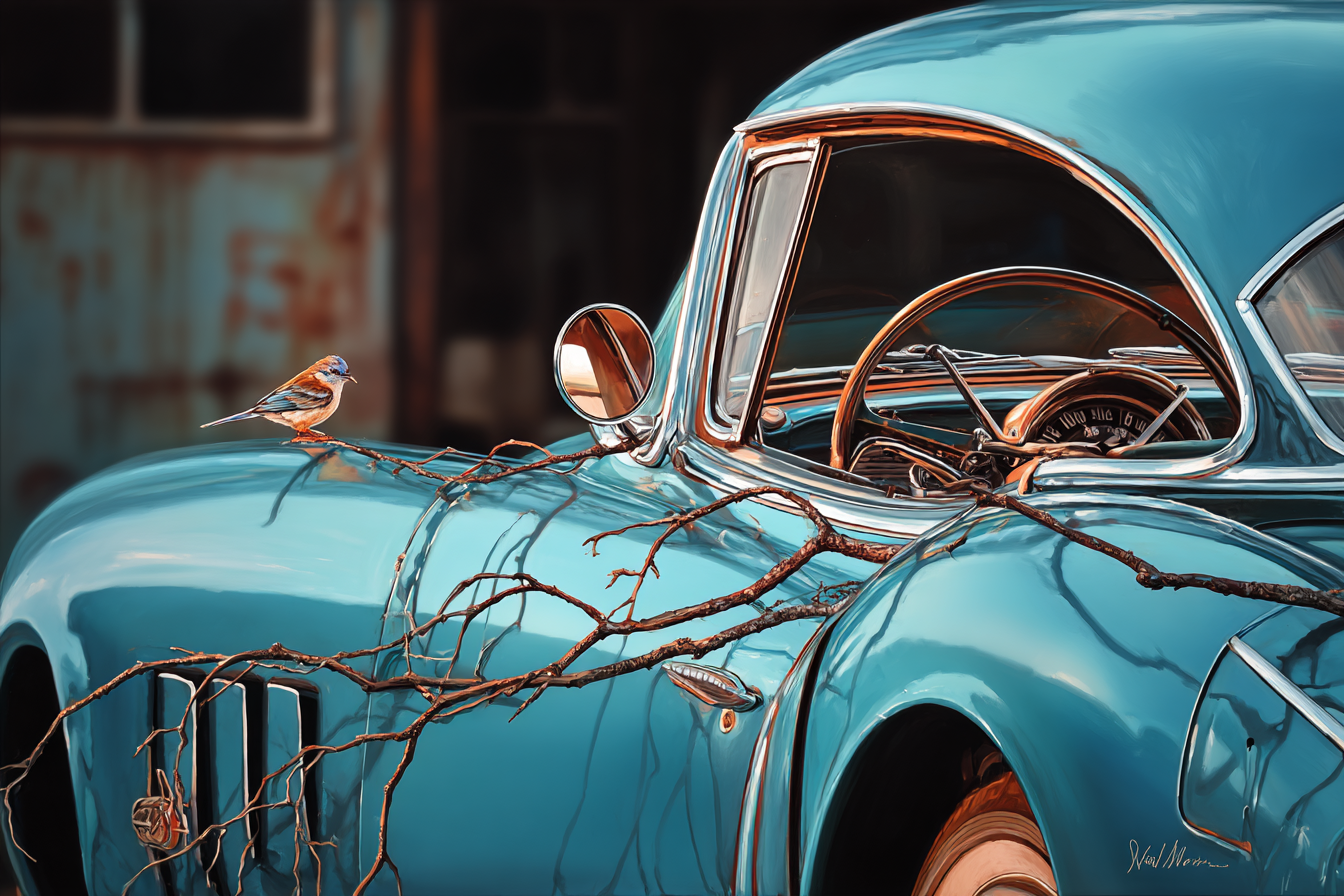 Vintage Blaür Auto Mit Vogel Nostalgie Und Vergangene Zeit | Voegel | Tiere