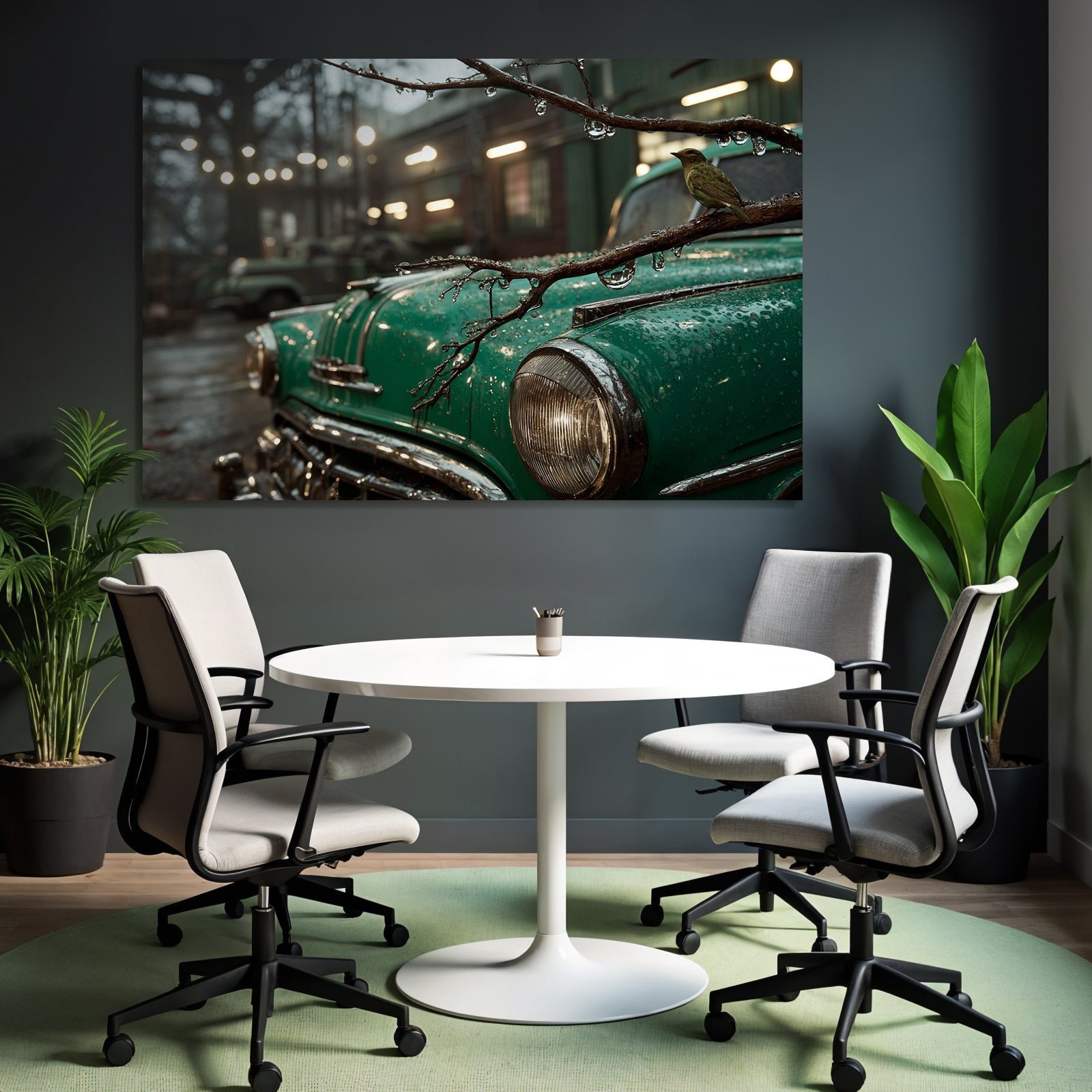 Vintage Grünes Auto Und Vogel Bei Regen Urbane Umgebung