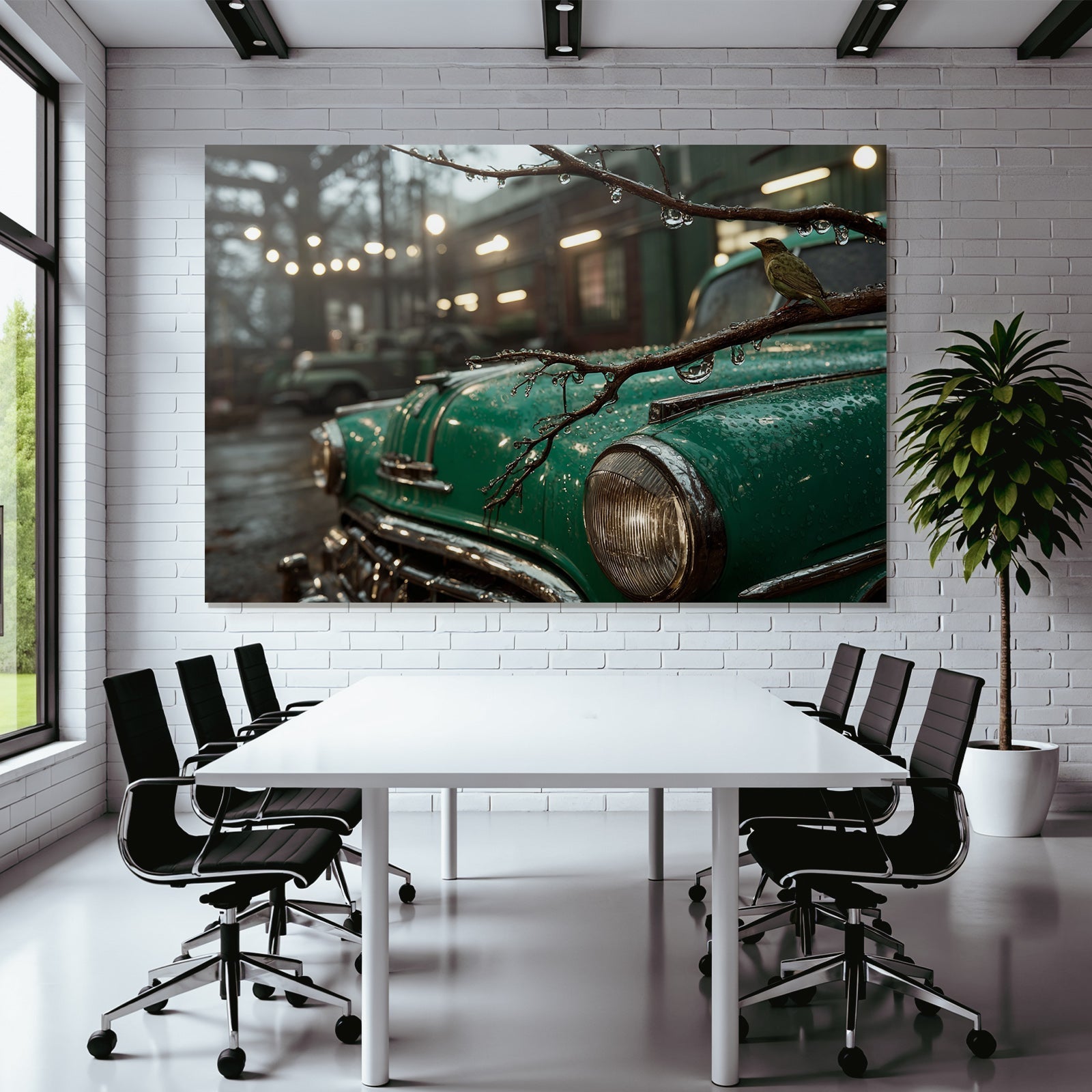 Vintage Grünes Auto Und Vogel Bei Regen Urbane Umgebung