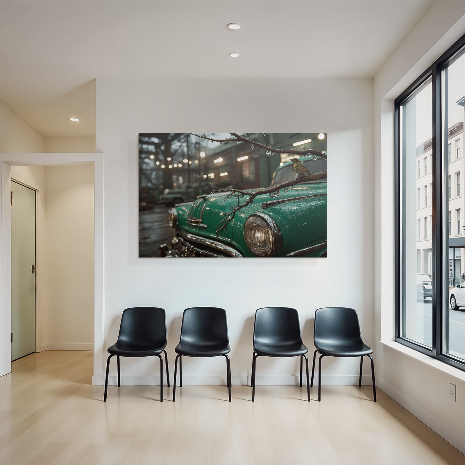 Vintage Grünes Auto Und Vogel Bei Regen Urbane Umgebung