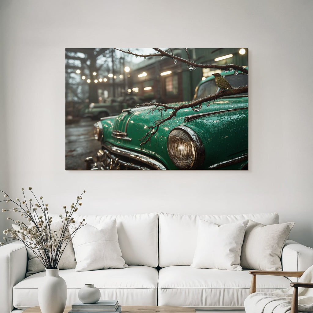 Vintage Grünes Auto Und Vogel Bei Regen Urbane Umgebung