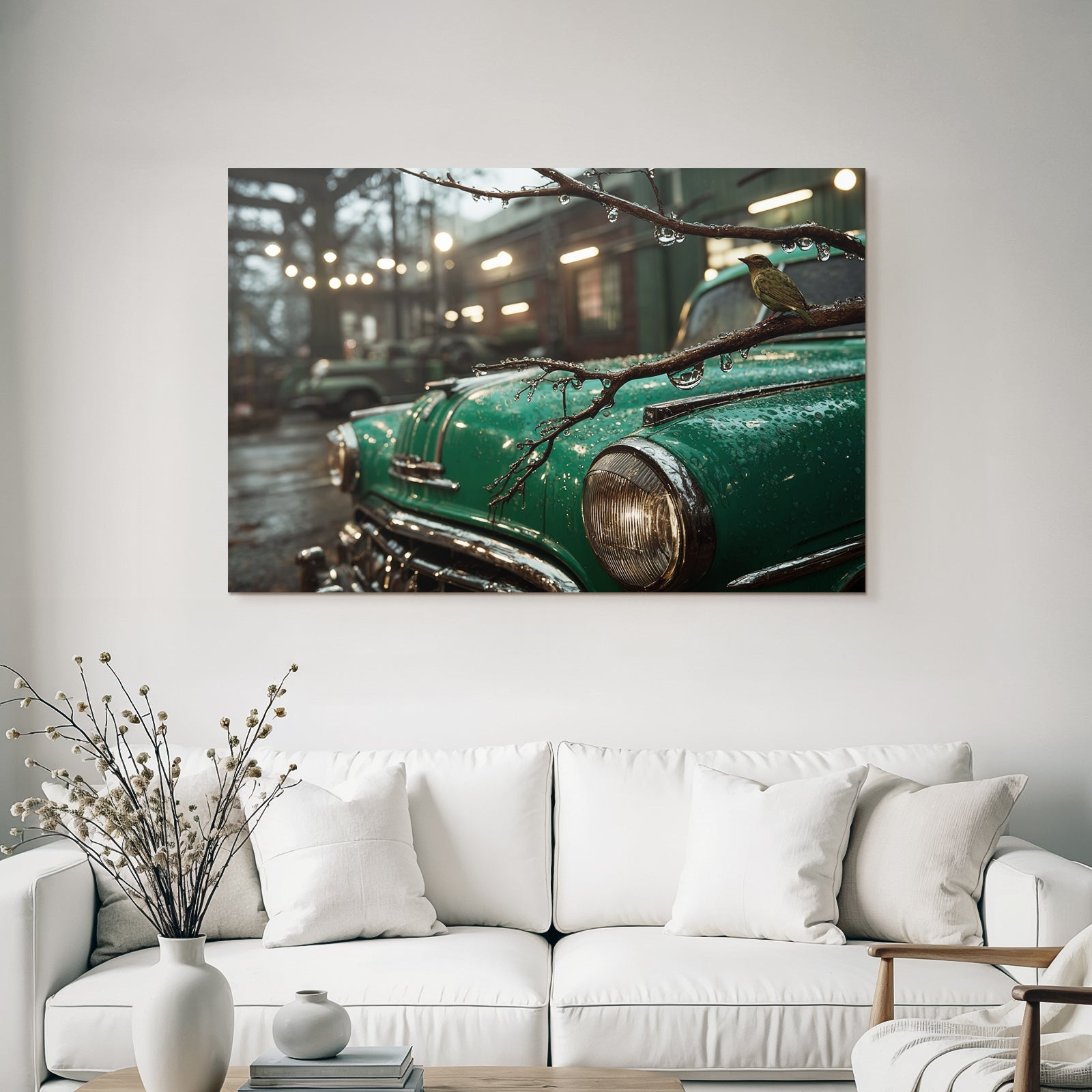 Vintage Grünes Auto Und Vogel Bei Regen Urbane Umgebung