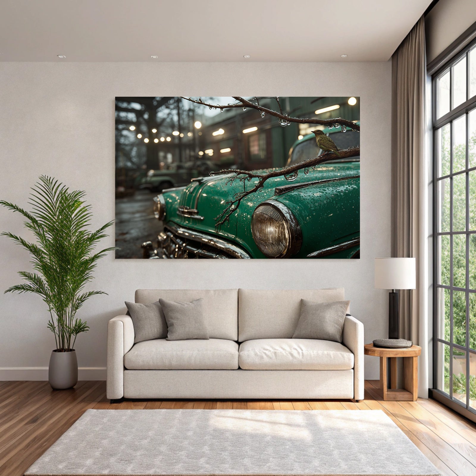 Vintage Grünes Auto Und Vogel Bei Regen Urbane Umgebung