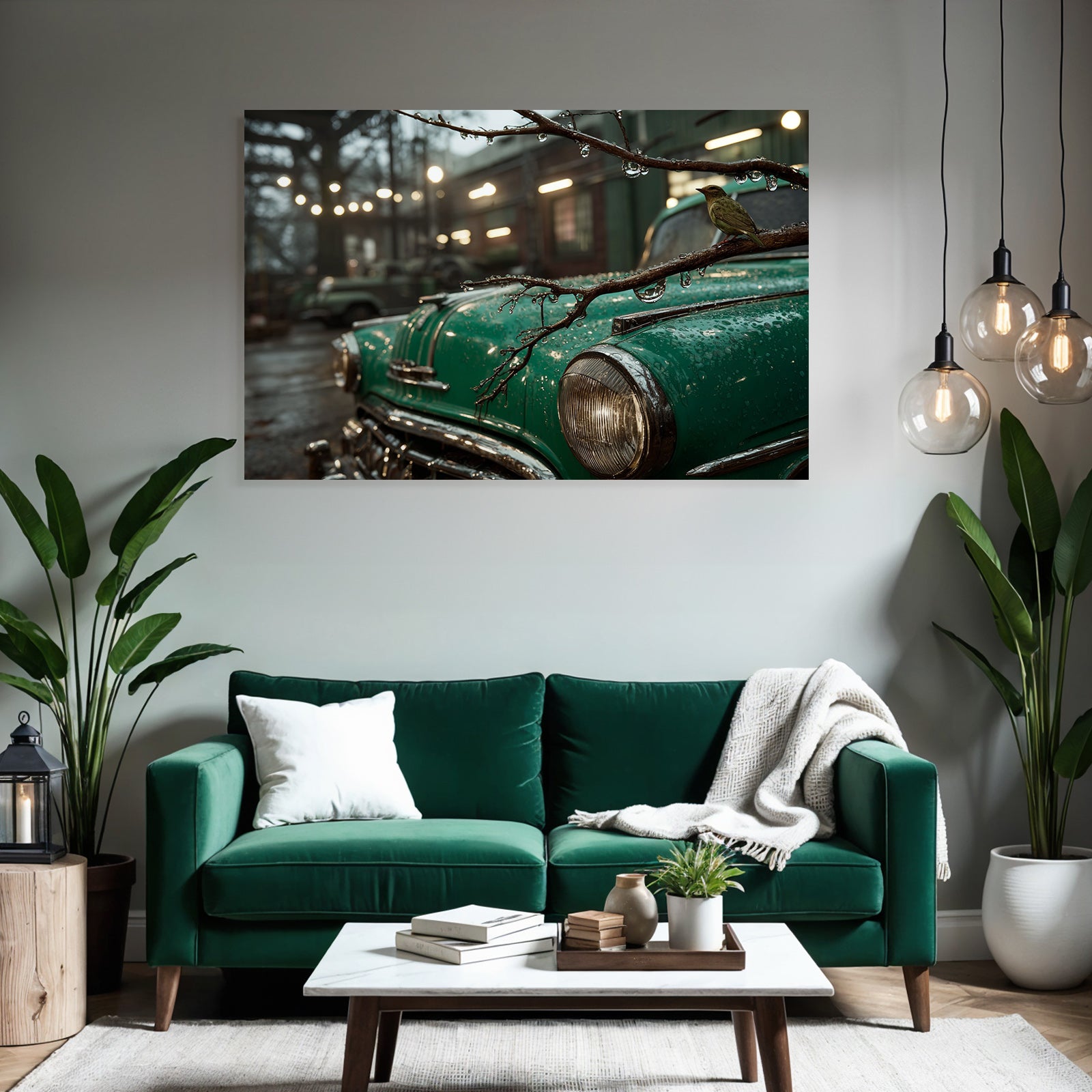 Vintage Grünes Auto Und Vogel Bei Regen Urbane Umgebung