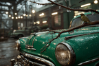 Vintage Grünes Auto Und Vogel Bei Regen Urbane Umgebung | Voegel | Tiere